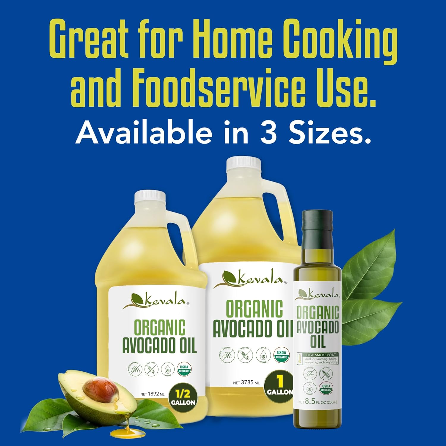 Kevala Organic Avocado Oil - 64 fl oz - 1.8 L - Half a Gallon - Cold Pressed - Avocado Oil for Cooking - Organic Vegetable - High Smoke Point – For Skin and Hair