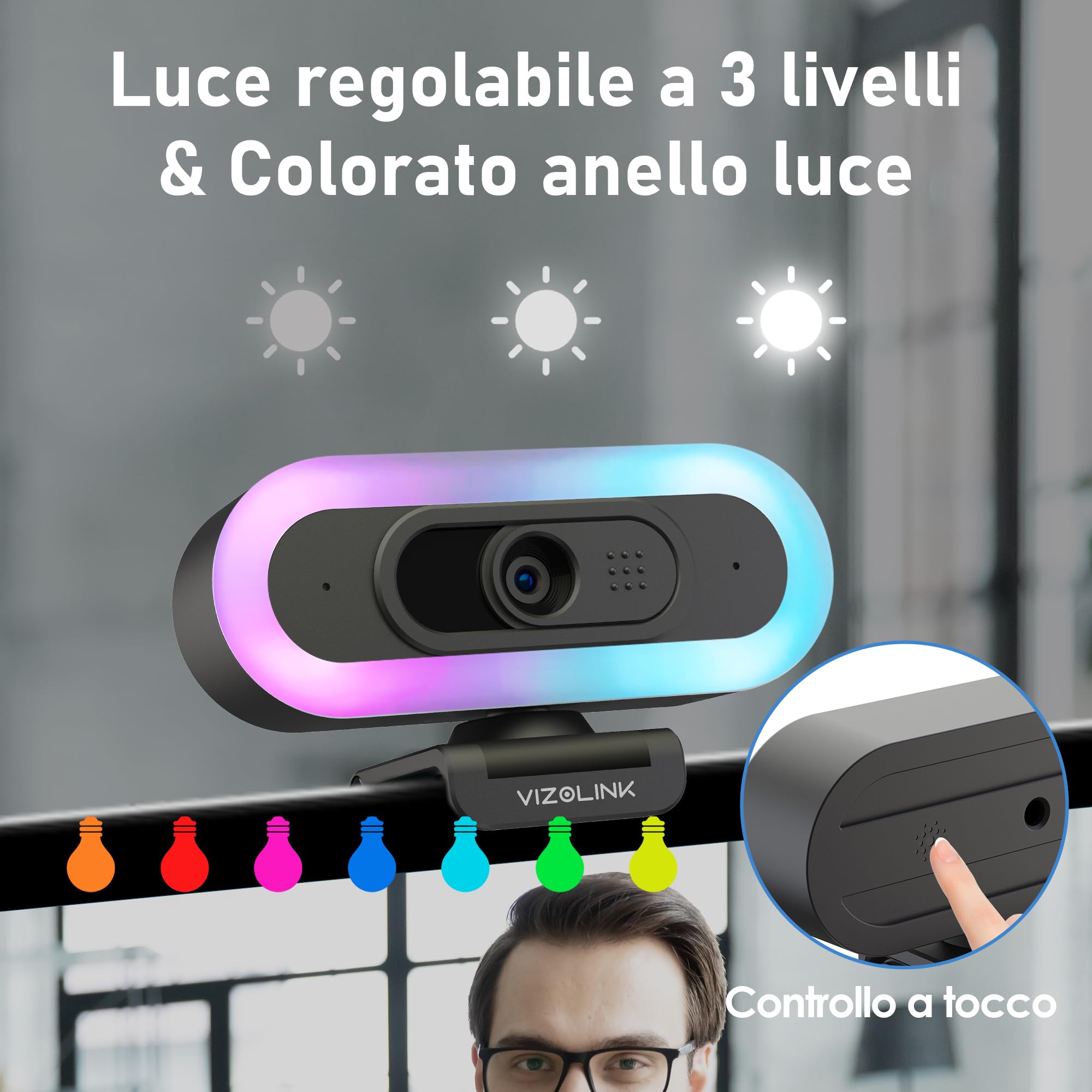 W8LS Webcam 4K 30FPS con luce LED, microfono con cancellazione del rumore, autofocus, correzione della scarsa illuminazione, FOV 78°, copertura privacy e treppiede, plug play per Windows, Mac