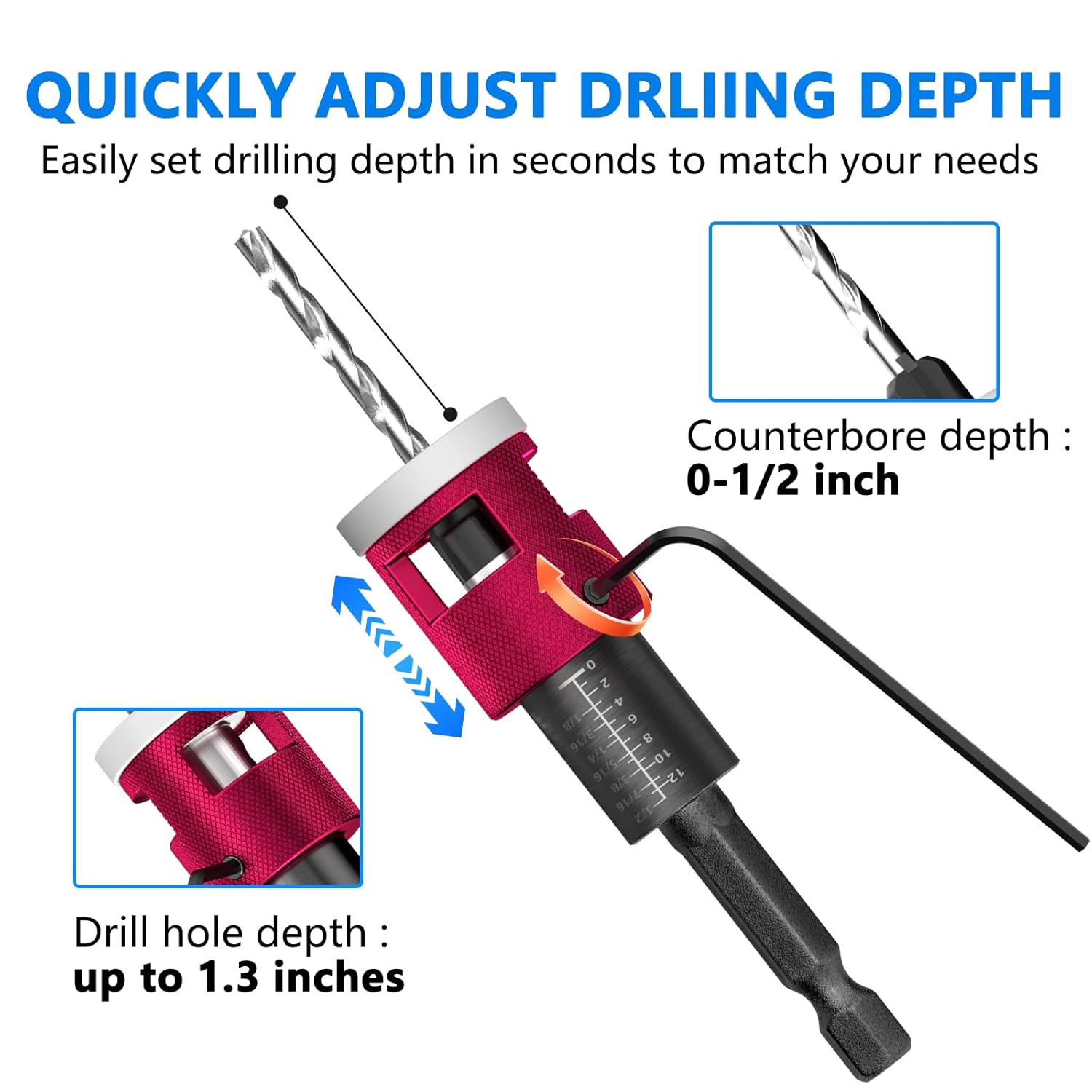 BURMONG 5-Piece Countersink Drill Bit Set with Adjustable Depth Stop, 1/4" Hex Shank Quick Change Drilling Tool Kit, 82° Woodworking Chamfer Bits for Wood, Plywood, MDF, Plastic