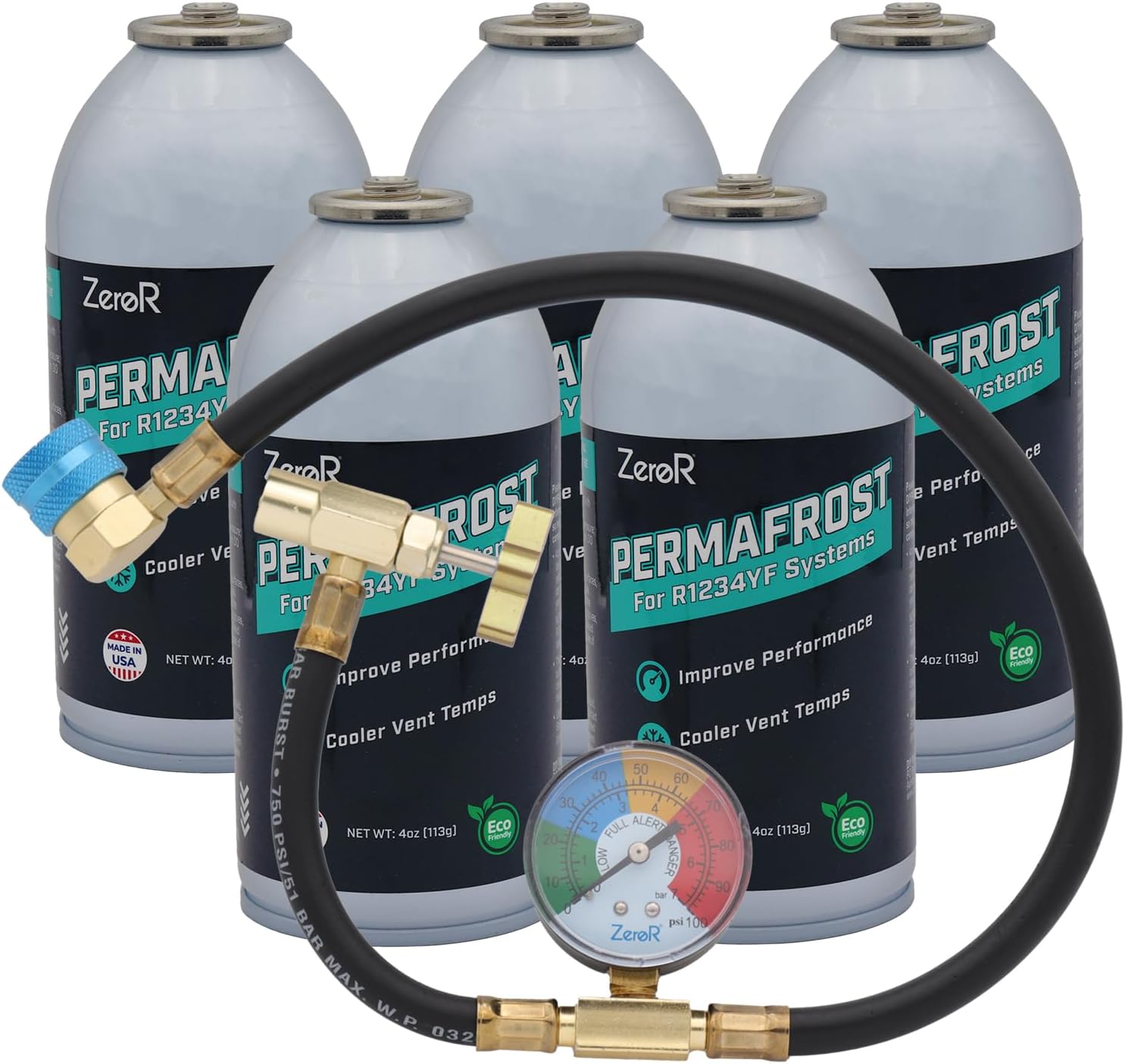 ZeroR® Permafrost for R1234YF AC Systems | Performance Booster | 5 Cans + 24" HD Can Tap Gauge