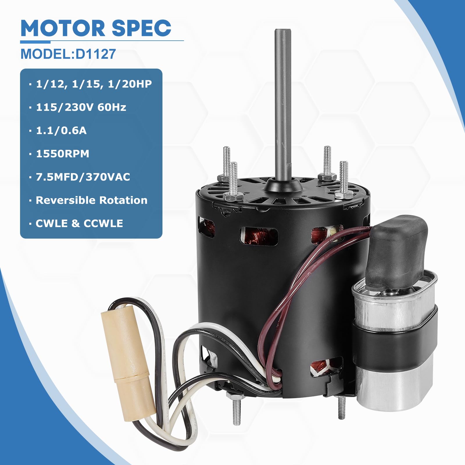 Motor HVAC D1127, 1/12 HP 1550 RPM, 115/230V CA, rotación reversible, protección térmica, diseño a prueba de goteo para sistemas de ventilación
