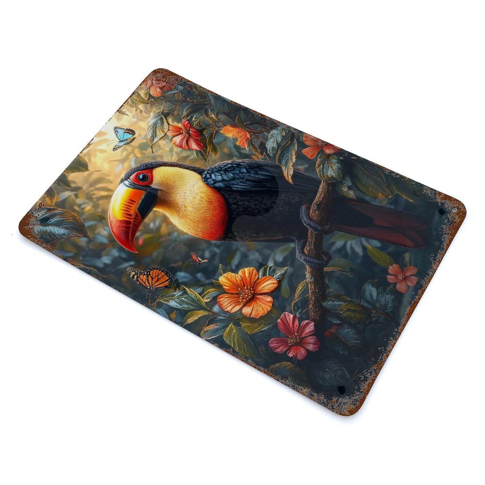 Vintage Metal Tin Sign Toucan in A Tropical Paradise 11.8"x7.9", Industrial Home Decor for Farmhouse, Kitchen And Entryway Decor