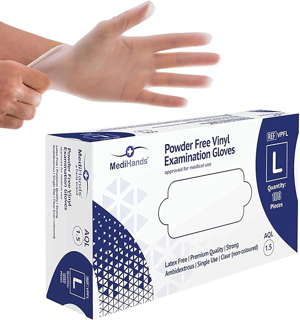 MediHands Clear Vinyl Gloves Large Disposable Examination Gloves, Powder Free Latex Free & Protein Free, Medical, Food, Multi Use, Pack of 100
