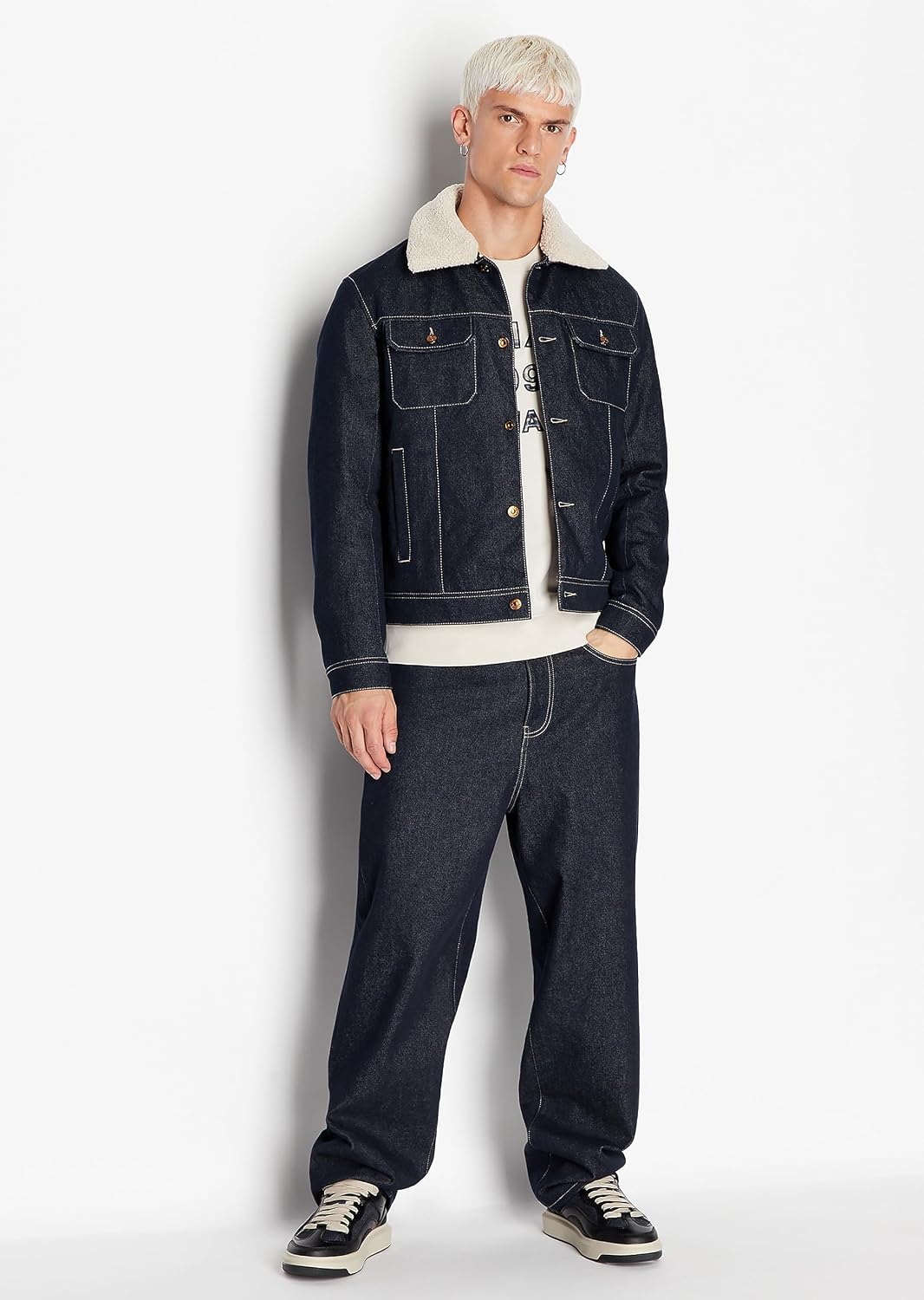 Armani Exchange A｜X Men's Cotton Jacket with Teddy Collar, Indigo Denim
