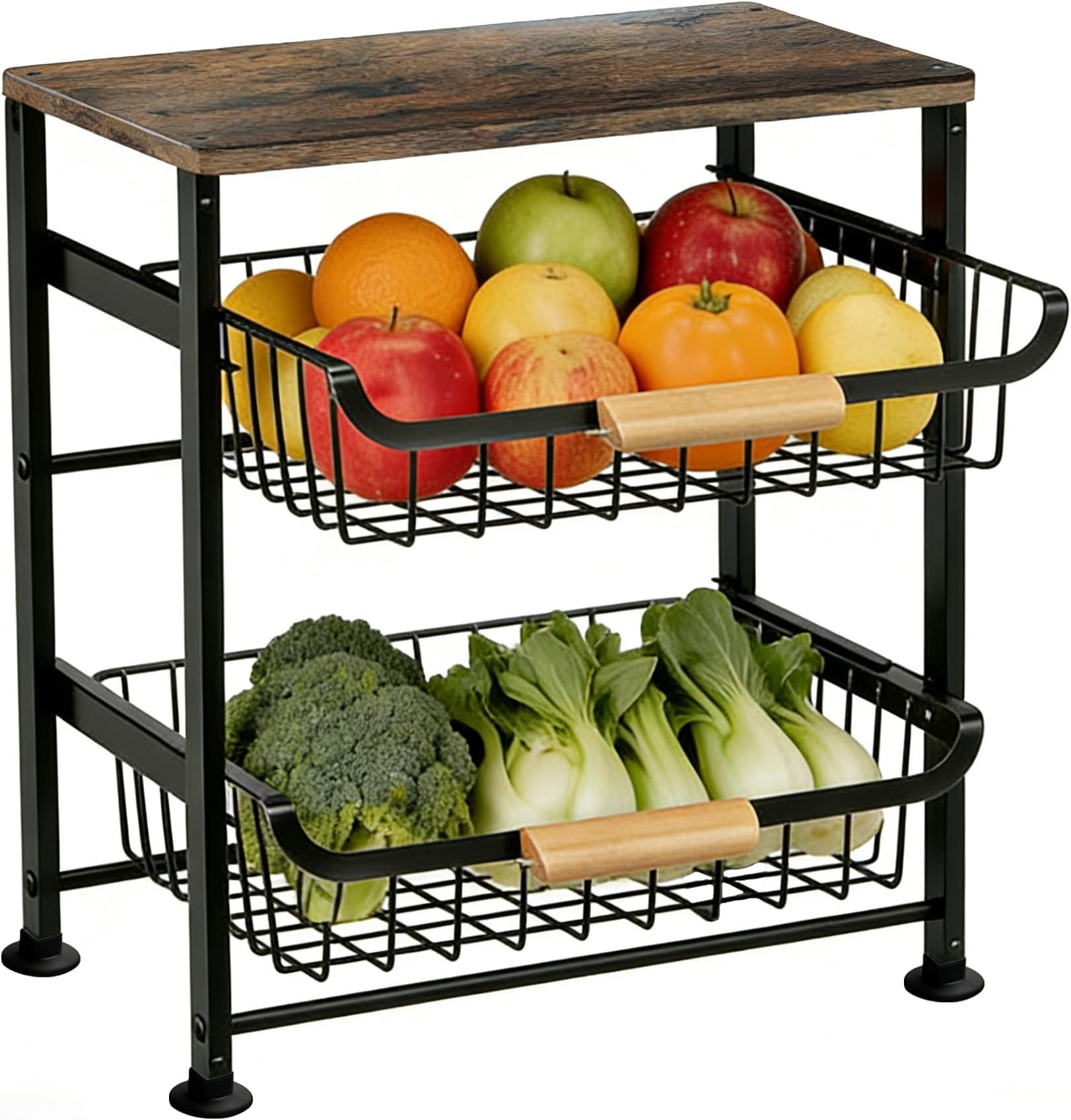 3-Layer Fruit Basket Kitchen Food Organizer and Rack Rolling Pantry Kitchen Cart On Wheels with Wood Top Table,Pull-Out Hollow Metal Basket for Sorting Spice Snacks Vegetables,Black
