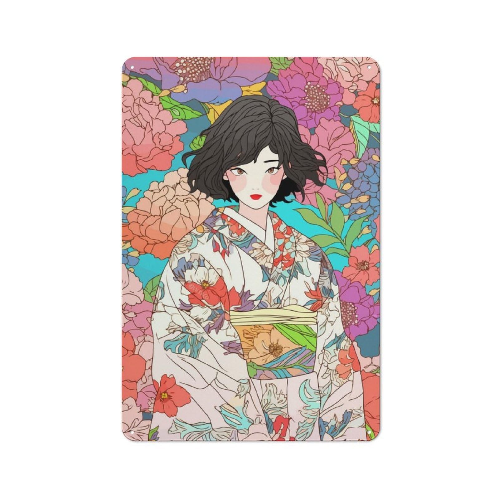 Junmoney Girls Kimono With Flowers Rustic Tin Sign 30X20cm For Living Room Or Hallway, A Metal Wall Feature For Living Rooms And Hallways
