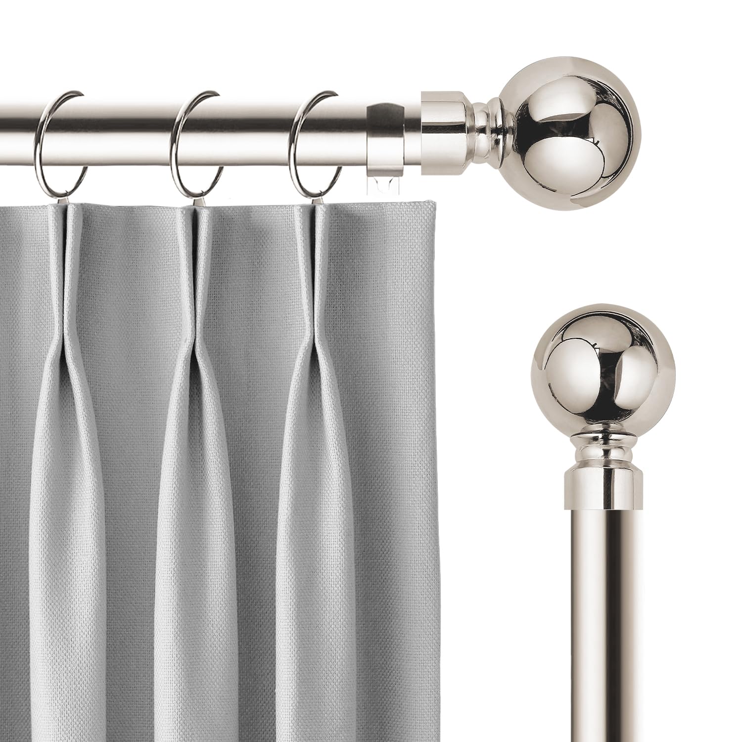 Yorkshire Bedding Curtain Poles Metal Extendable Plain Ball Curtain Pole Set Includes Adjustable Curtain Rod, 60mm Finial, Rings, Brackets and Fittings Set (Brushed Silver, 120-210 Cm, 48-83 Inches)