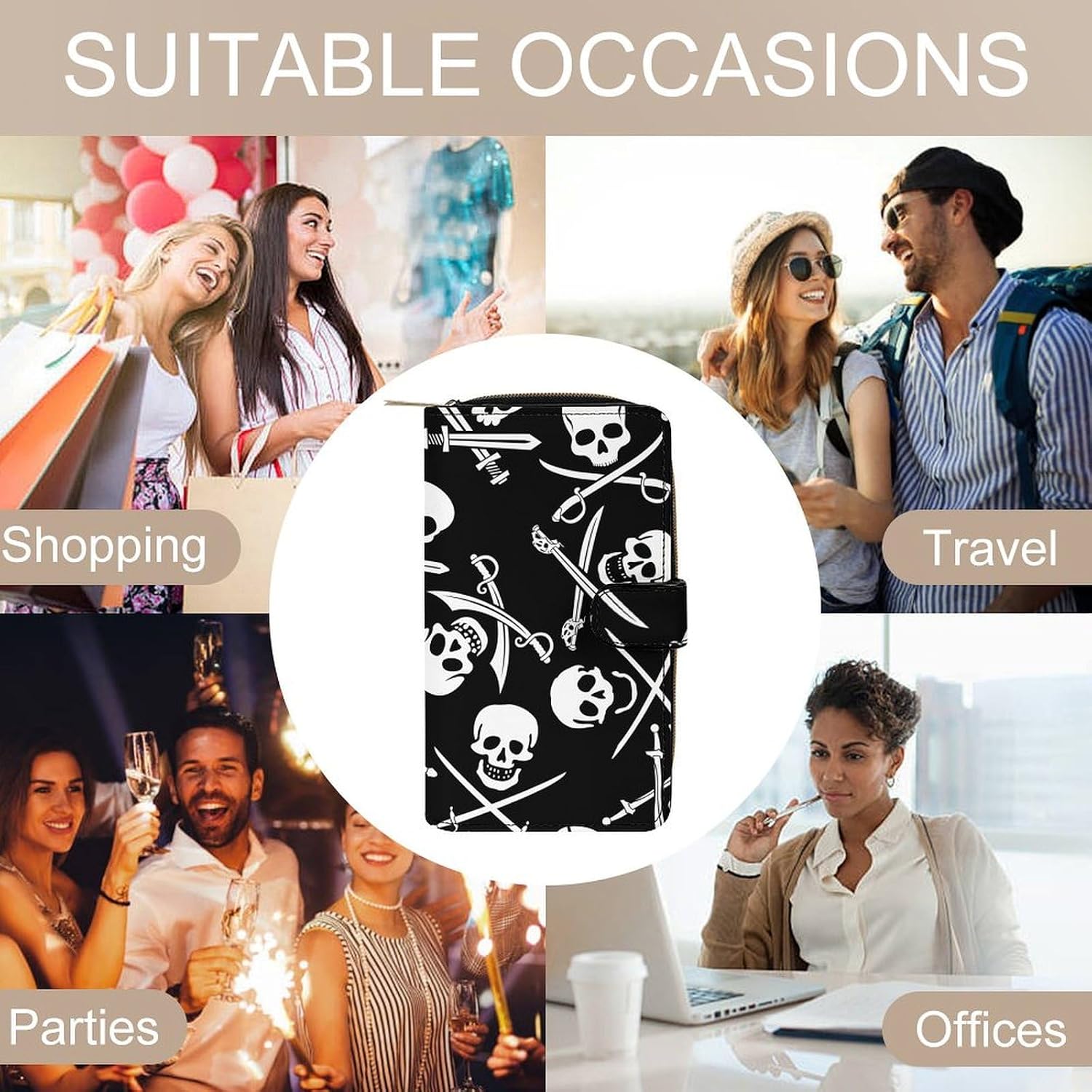 Goth Pirate Skulls Crossbones Swords Black And White Portable Leather Multifunctional Wallet
