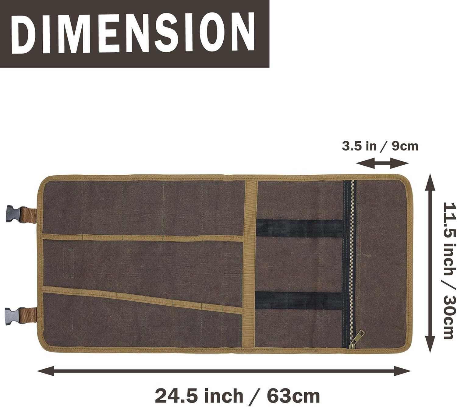Canvas Tool Roll | Portable 12 Pocket Tool Storage Case, 16OZ Waxed Canvas Tool Wrench Roll Up Bag - with 10 Elastic Band Slots & 1 Smooth Zippered Pocket | Grey | 24.5"L x 11.5"W