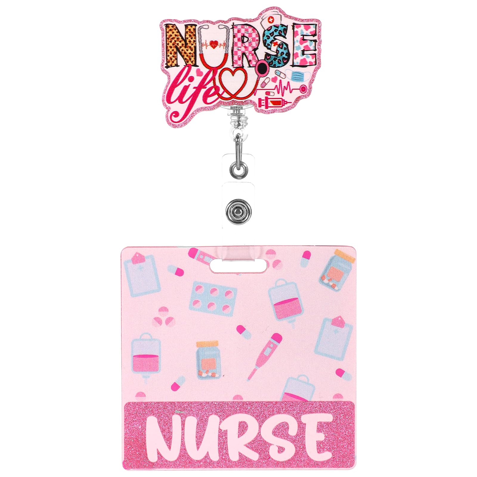 Badge Reel Retractable and Badge Buddy, Nurse Badge Reel Set Pack Badge Reel Retractable Clip Nurse Cute with Nurse Badge Buddy Card Identification Tags Pink Gift for RN CNA LVN LPN, M