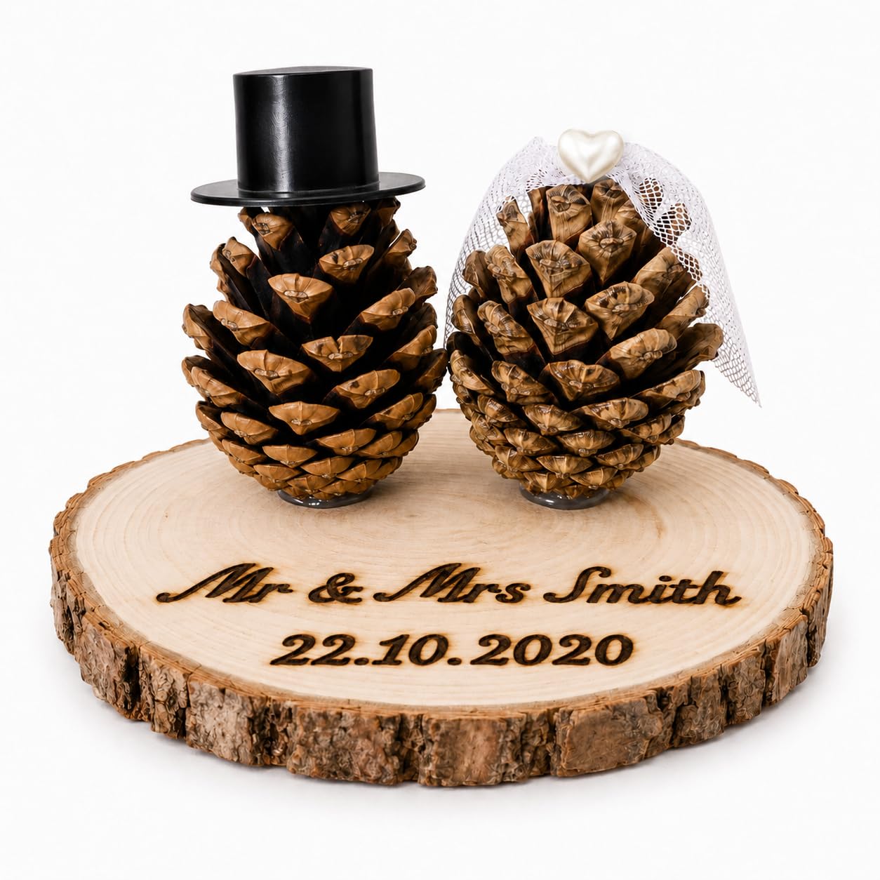 Personalised Rustic Pine Cone Wedding Cake Topper | Custom Engraved Wood Slice with Bride & Groom Pine Cones | Mr & Mrs, Mr & Mr or Mrs & Mrs | Natural Wooden Wedding Cake Decoration