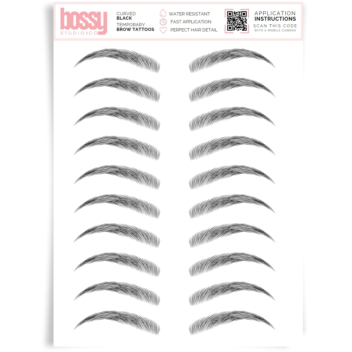 Brows by Bossy Studio & Co Temporary Eyebrow Tattoos Waterproof Eyebrow Stickers, False Tattoos Hair Like Peel Off Instant Transfer Brow curved black