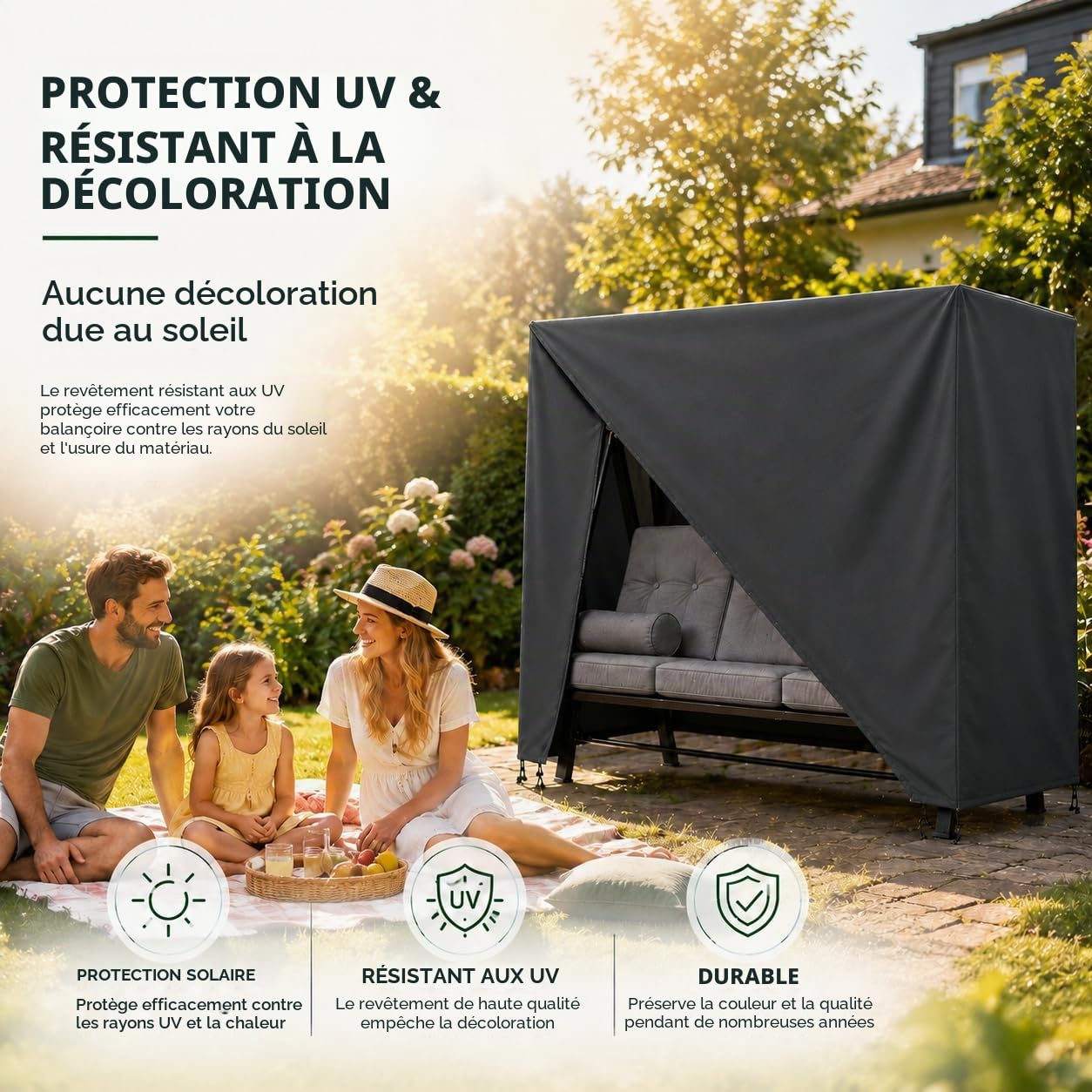 Housse de protection pour balancelle de jardin 2,3,4 places, imperméable, coupe-vent et protection UV – Bâche indéchirable pour balancelle de jardin et banc à bascule – 210 x 150 x 150 cm