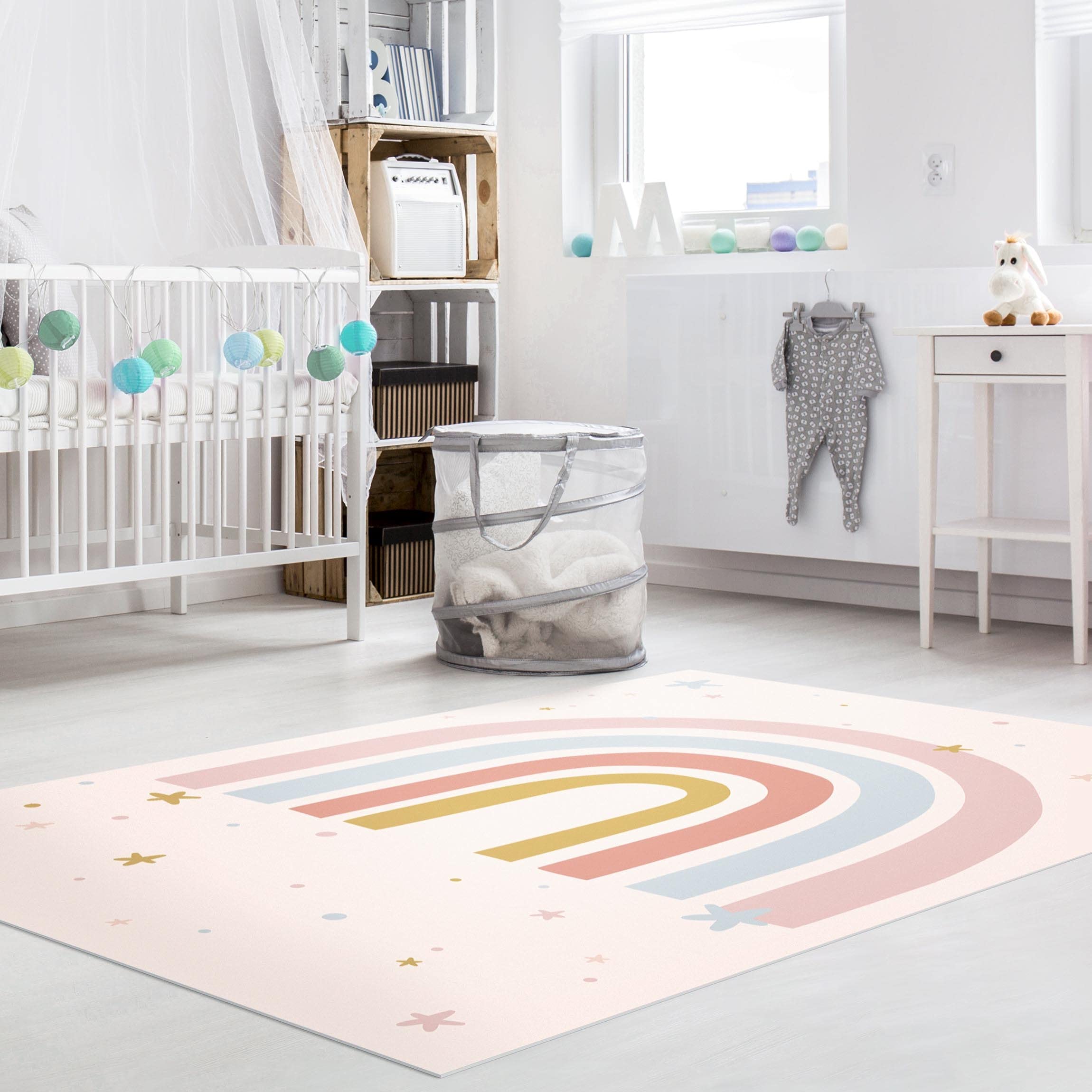 Vinylteppich nass abwischbar Kinderzimmer Bodenschutz - Made in Germany - Regenbogen Modern 2,2mm dünne Vinyl Bodenmatte Pastell Kinderteppich trittsichere Matte 3843 (40x60cm)