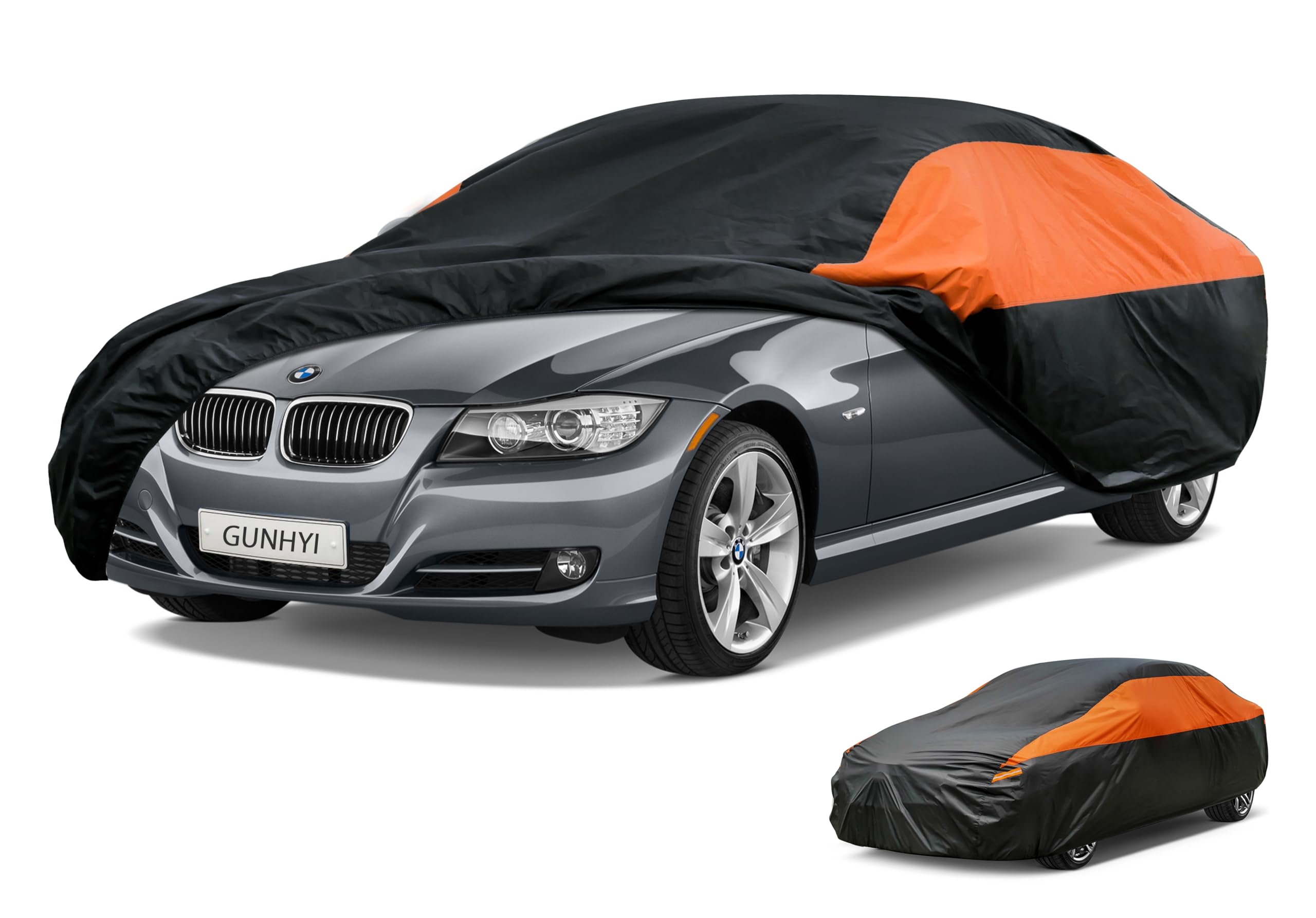 GUNHYI Waterproof Sedan Full Car Cover Custom Fit 3 Series(2016-2026) | All‑weather Outdoor sun/rain/dust/snow/wind/UV protection, breathable lightweight fabric, black‑orange design,storage bag