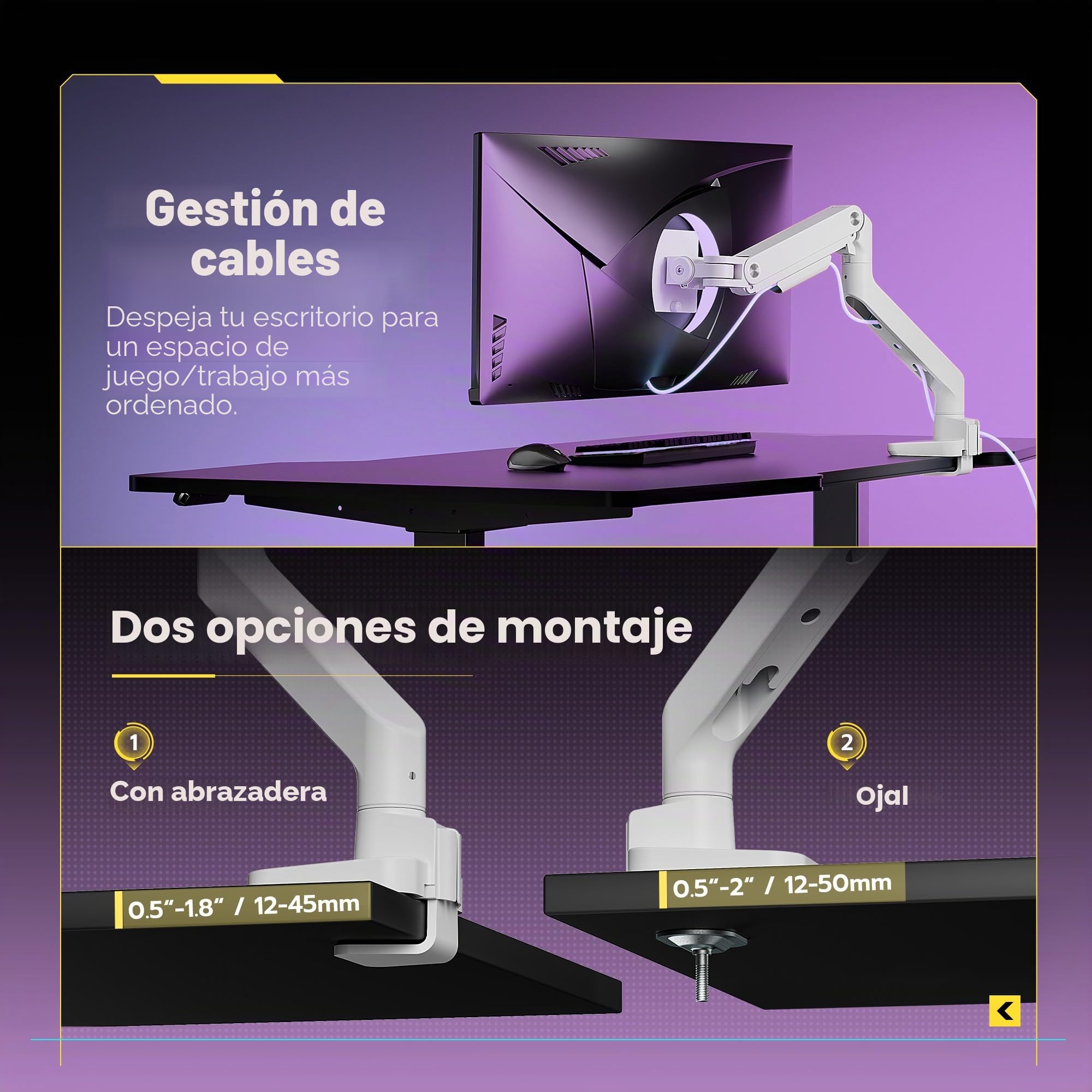 ARES WING Soporte Monitor para Pantallas 17-49", Brazo Monitor Carga 20 kg, VESA 75/100 mm, Blanco