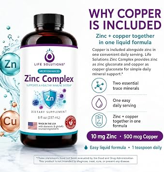 Life Solutions Liquid Zinc Supplement with Copper, Zinc Gluconate & Copper Gluconate, Zinc Complex for Daily Mineral Support, No Pills, Non-GMO, 8 fl oz, 48 Servings