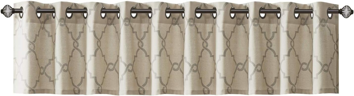 Madison Park Saratoga Light Filtering Fretwork Print Grommet Top Window Valance Swags for Living Room Bedroom and Kitchen, 50x18", Beige/Grey