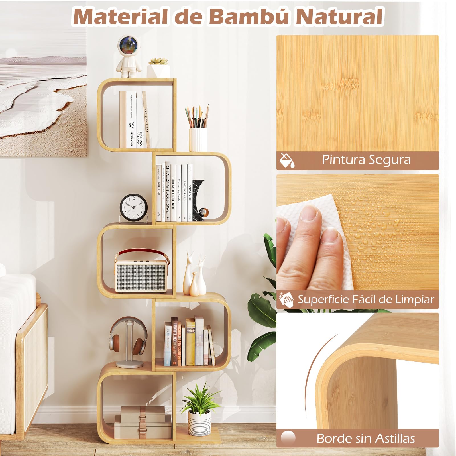 COSTWAY Libreria en Forma de S, Estantería de Bambú con 5 Cubos Abiertos, Geométrico para Esquina, Estanteria para Libros Decorativo Salon Dormitorio Oficina, 61 x 23 x 166 cm, Natural