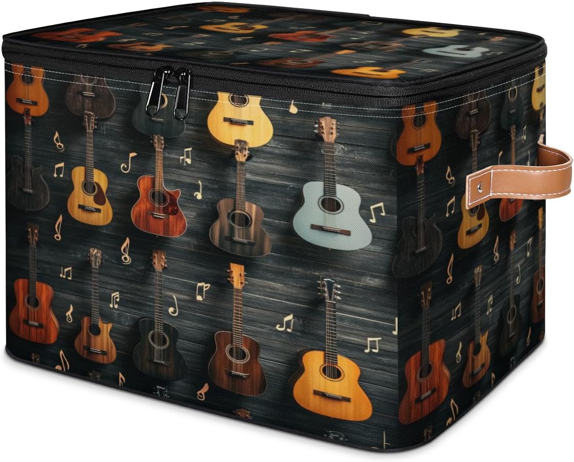 Music Lovers Guitar Fabric Storage Bins with Lid, Decorative Storage Boxes for Shelves Organizing Shelf, Stackable Large Closet Organizer Basket with Handles