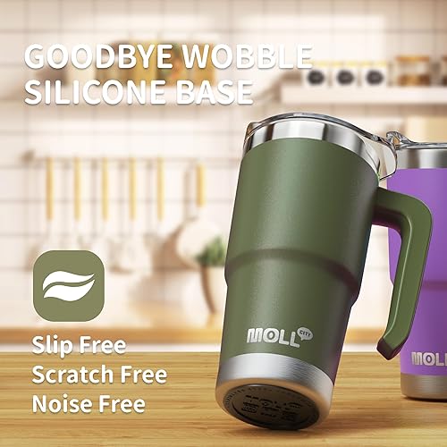 Miniatura 4 de Mollcity Vaso de 16 onzas con asa, reutilizable, de acero inoxidable, aislado al vacío, con tapa y pajita, taza de café de viaje para mujer (verde
