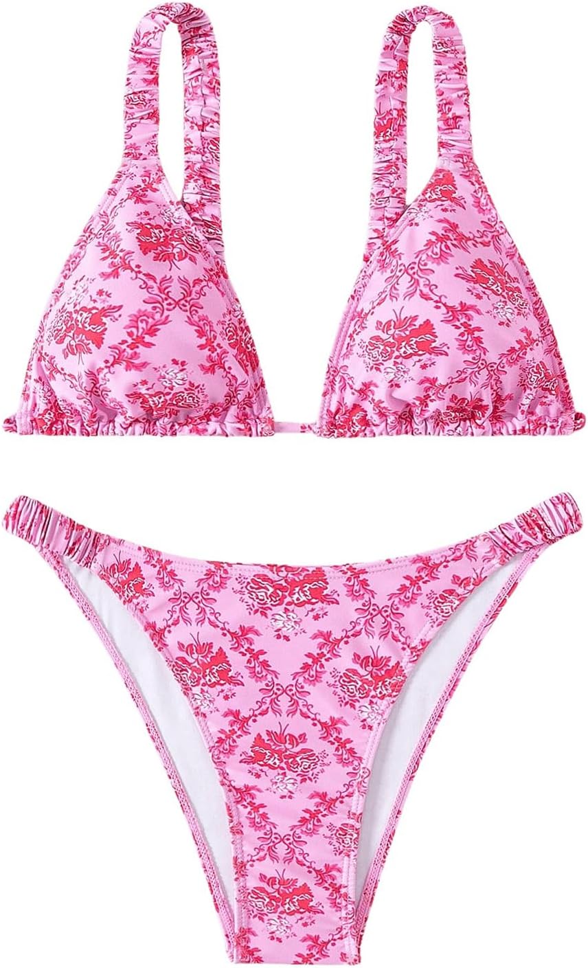 SHENHE Women’s 2 Piece Swimsuits Floral Triangle Tie Back Thong Holiday Bikini Set