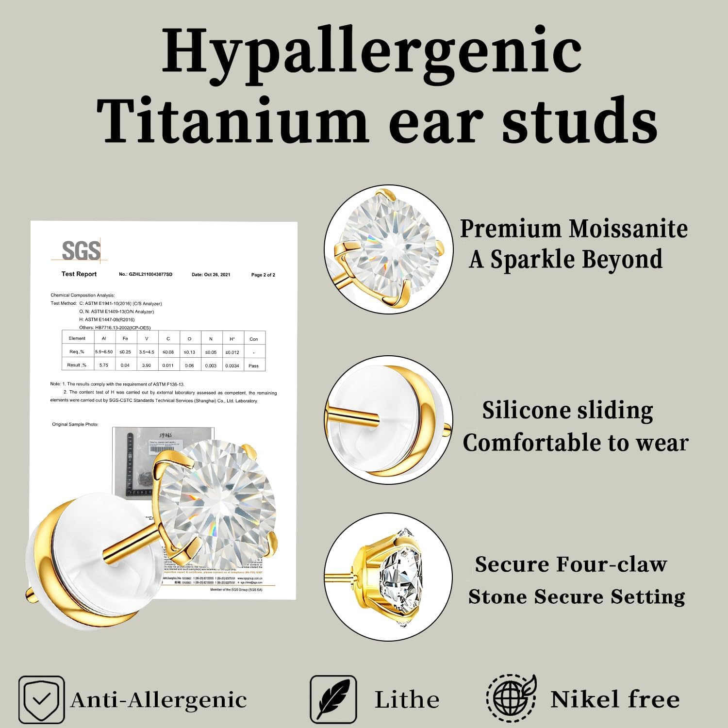 Moissanite Stud Earrings in 14K White Gold Plated Titanium | HypoAllergenic Earrings for Women & Men