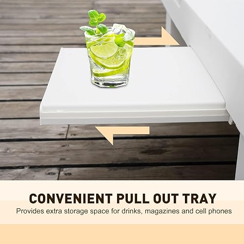 Miniatura 5 de Juego de 2 sillas blancas para patio, tumbona para exteriores con bandeja, respaldo ajustable, fácil de montar, tumbona de plástico impermeable para