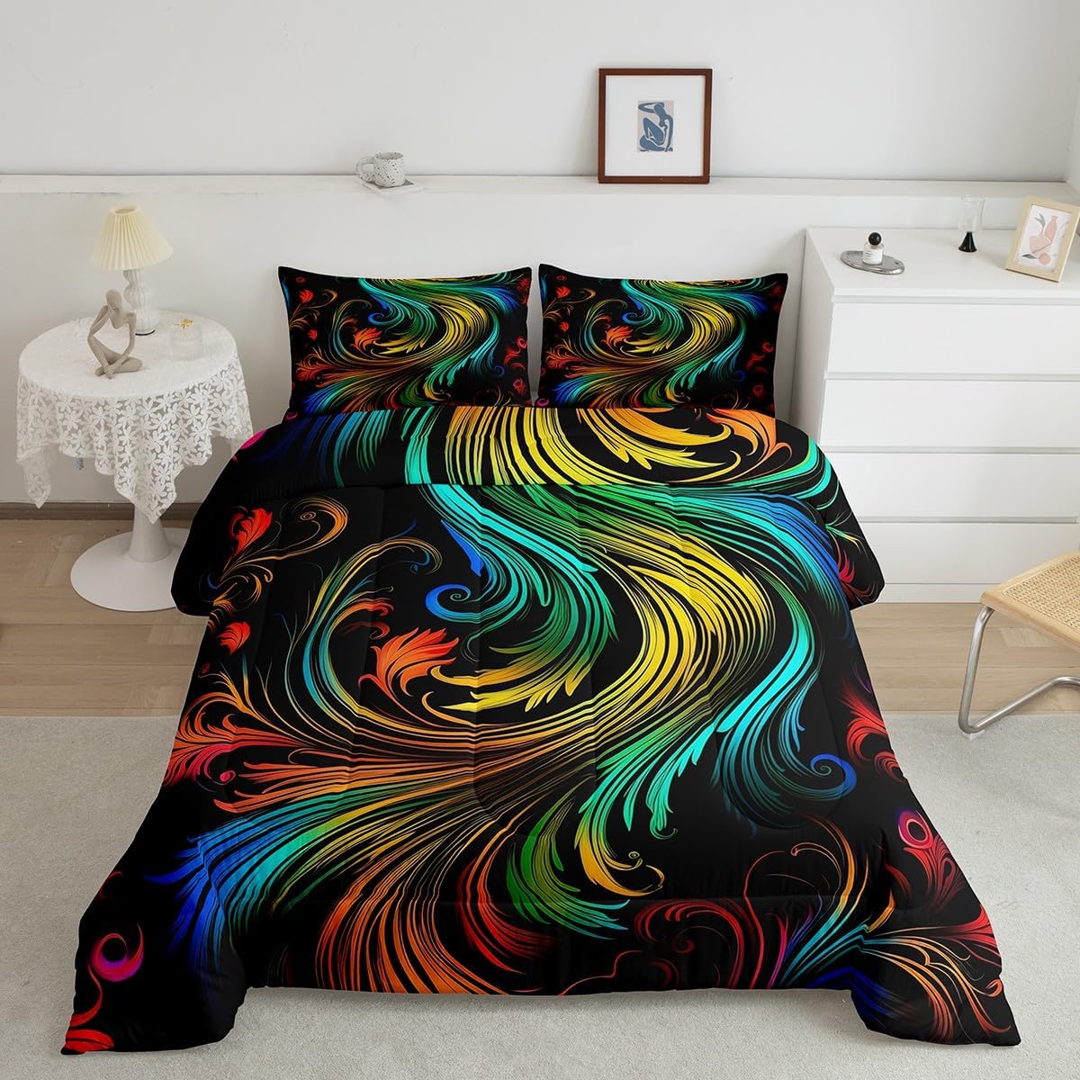 Erosebridal Rainbow Feather Queen Size Comforter Set Aesthetic Gradient Lines Bedding Set, Boho Hippie Down Comforter Chic Peacock Feather Bed Set, Animal Theme Quilted Duvet Black Bedroom Decor