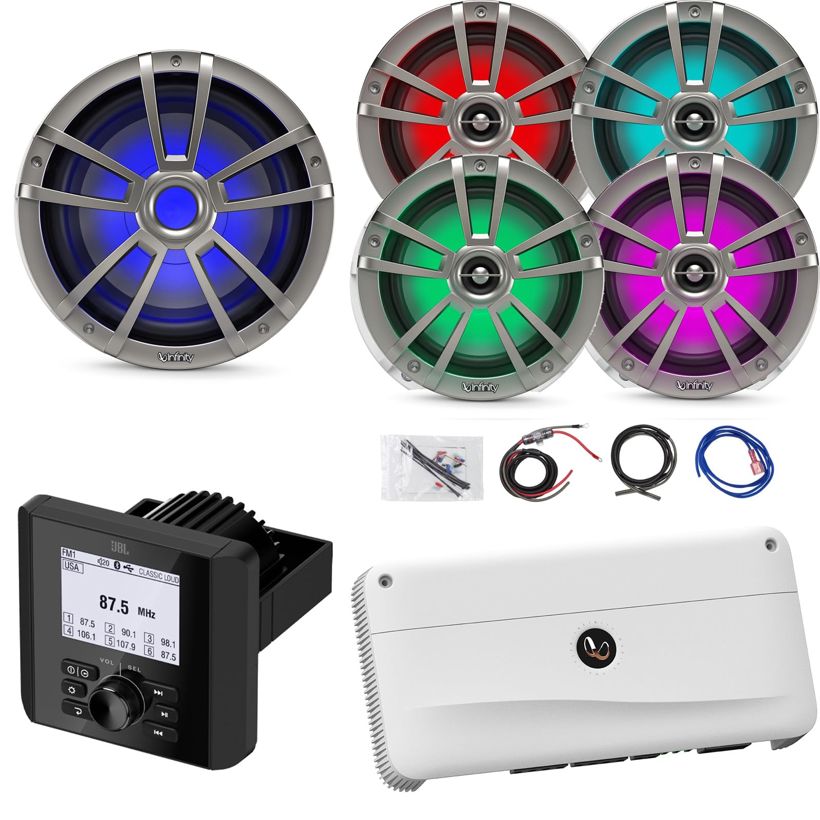 Bluetooth Radio Multi-Element Digital Media Marine Audio Receiver, 4X 6.5 225 Watt Waterproof Boat Titanium RGB LED Coaxial Speakers, 10