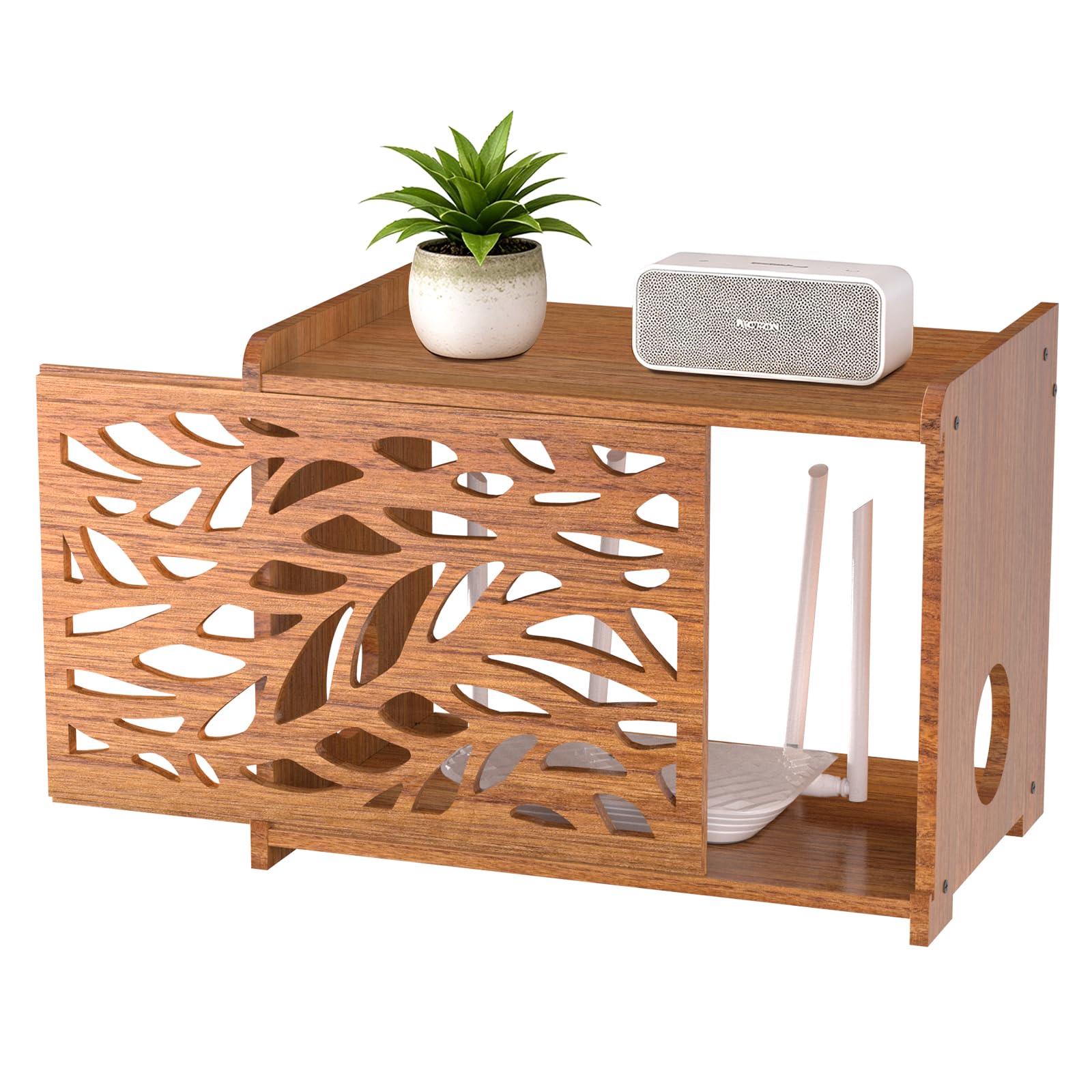 Scaffale per router Wi-Fi, modem WLAN, organizer per router | Gestione dei cavi per soggiorno, ufficio, legno, marrone, WiFi/WLAN, 40 x 31 x 26 cm