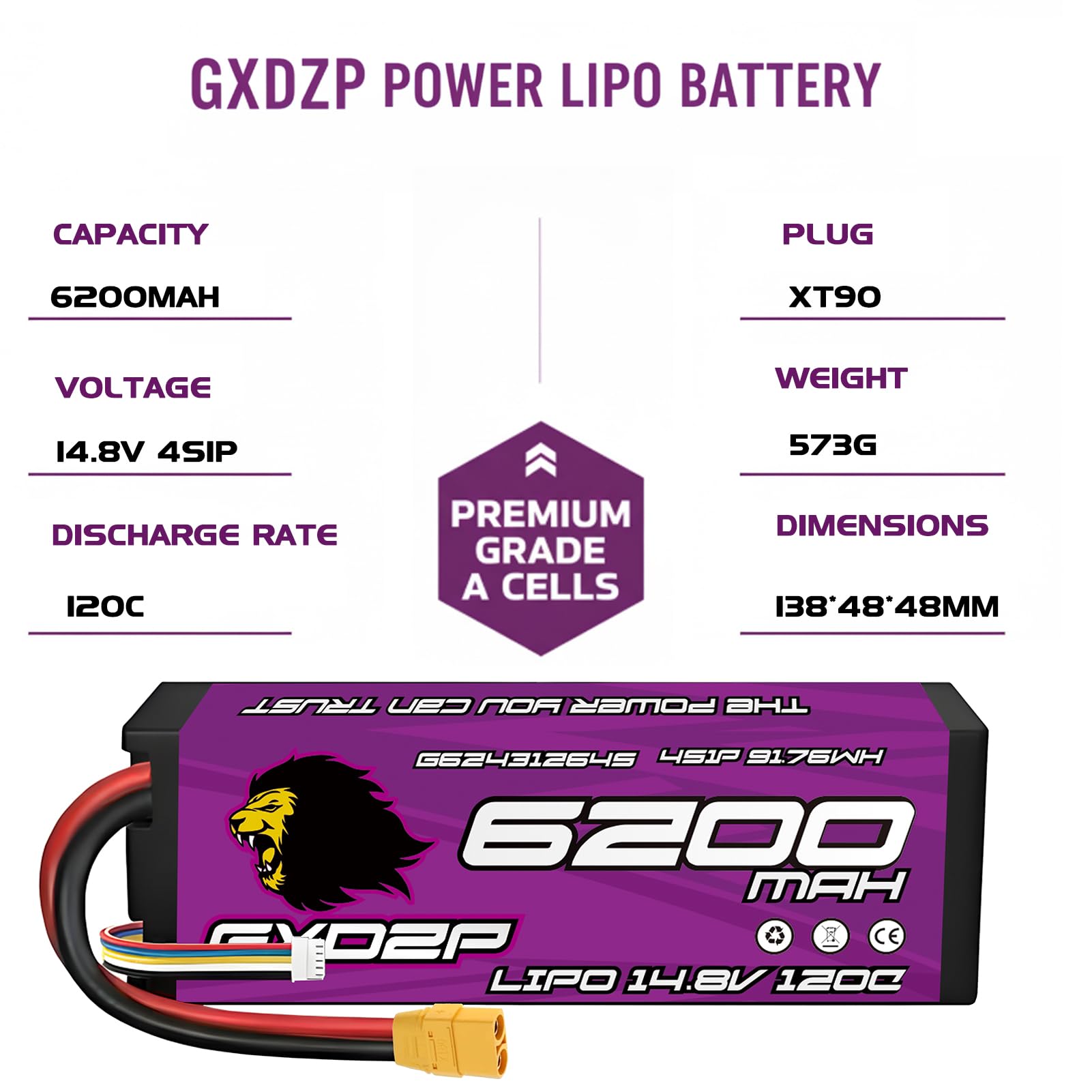 Lot 2 Batteries LiPo 4S 6200mAh 14,8V 120C XT90 Pack Double Haute Performance Longue Autonomie Boîtier Rigide pour Voiture Course Buggy Truggy Camion RC 1/10 1/8 Échelle Télécommandé