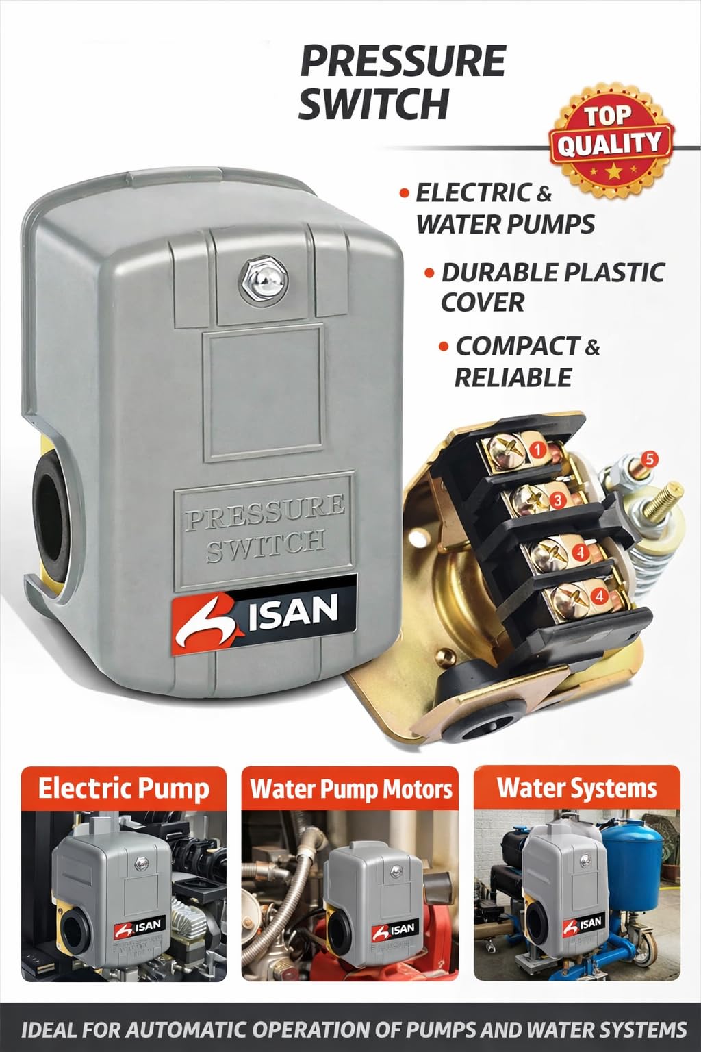 KISAN Heavy-Duty Adjustable Water Pump Pressure Switch – Universal Dual Spring Control for Well Pumps and Air Compressors – 40/60 PSI Pre-Set 4