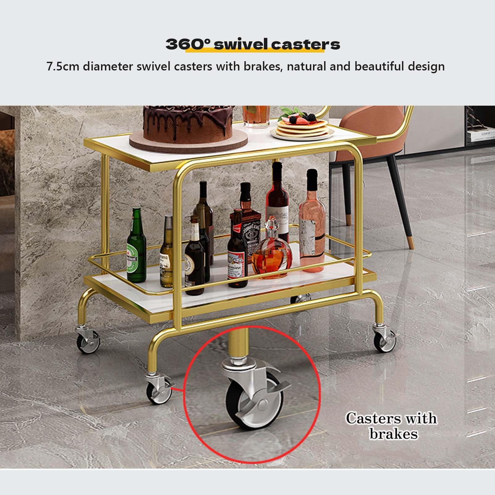 Chariot de service à 2 niveaux avec roulettes, étagères mobiles de rangement pour boissons pour cuisine et salle à manger