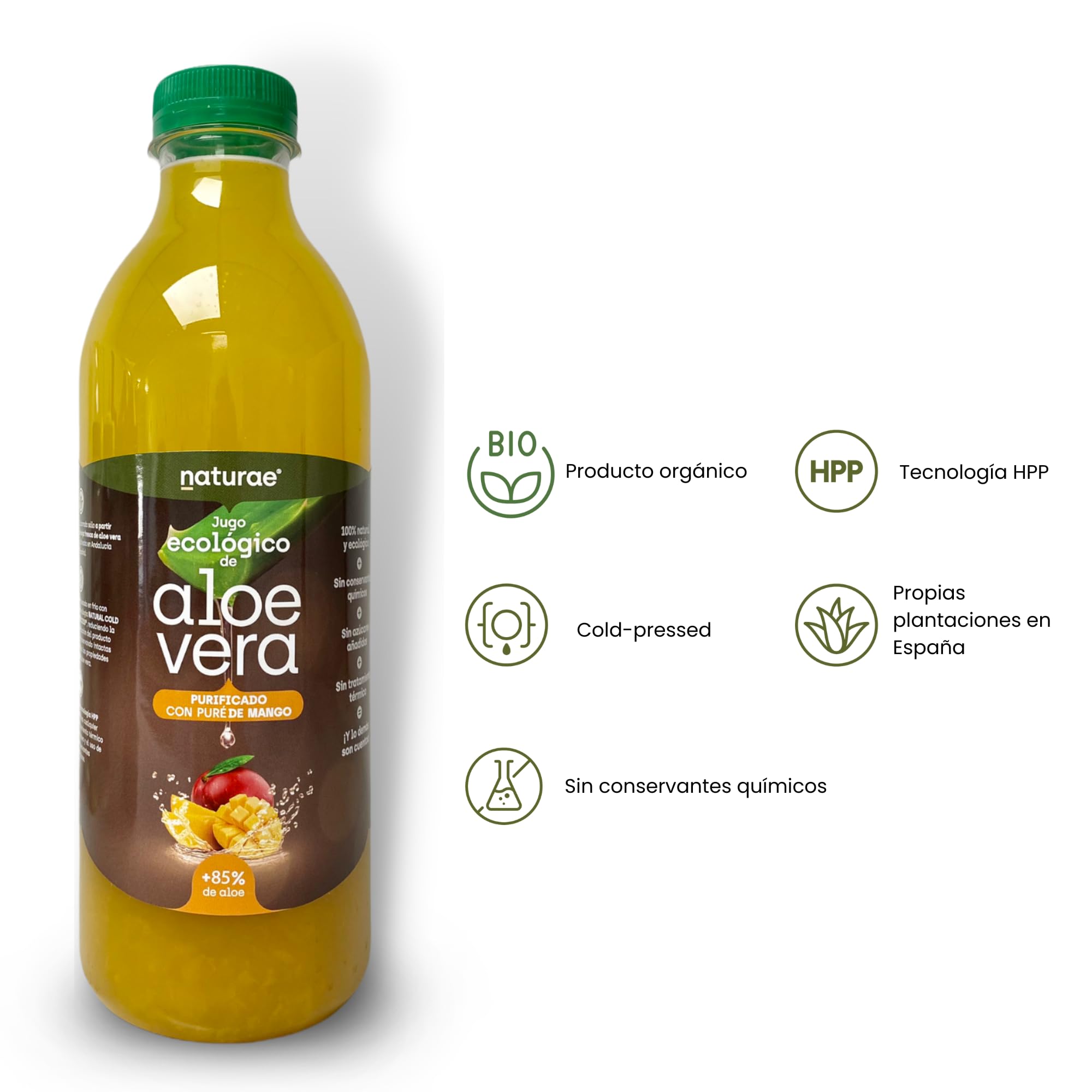 NATURAE Jugo Aloe Vera con Mango ecológico - 3 Recipientes de 1000 ml - Total: 3000 ml