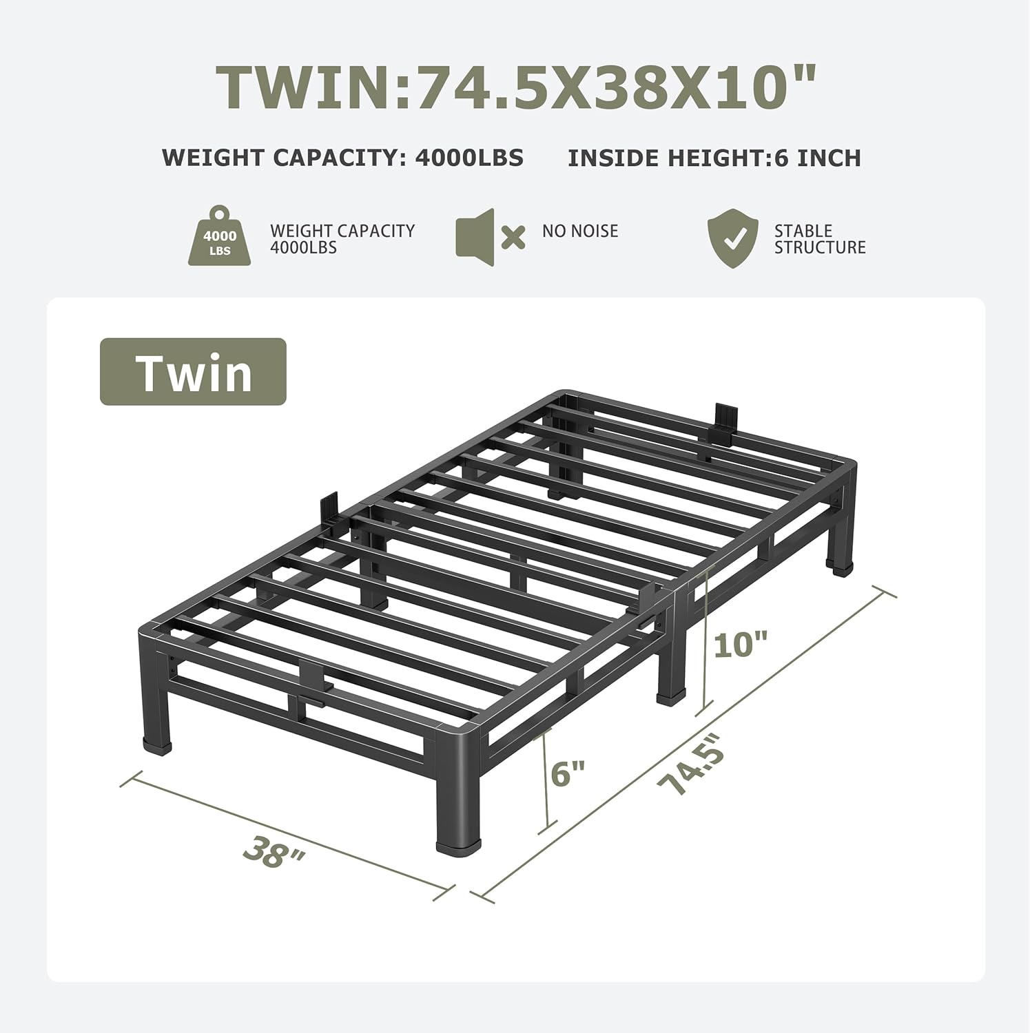 NKZ 10 Inch Twin Size Bed Frame, Metal Bed Frame & Box Spring 2 in 1 Platform with Round Corner Legs, 4000lbs Weight Capacity Reinforced Low Profile Metal Frame, Noise-Free, Easy Assembly