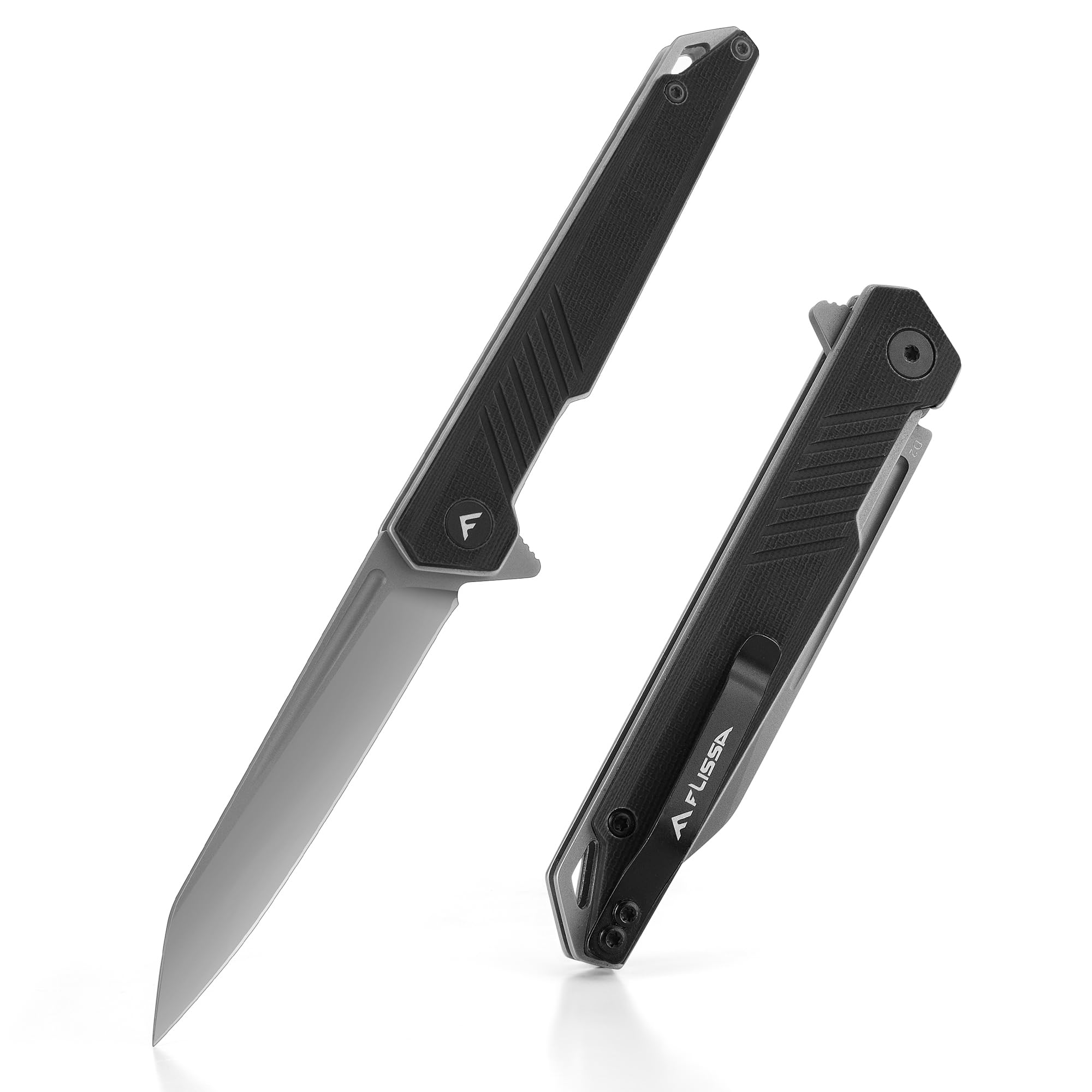 FLISSA Folding Knife, Pocket Knife with D2 Steel Blade, G10 Handle, Pocket Clip, Lightweight for Camping, Tactical, Hiking, Hunting, EDC, Daily Use, Outdoor Activities(Black)