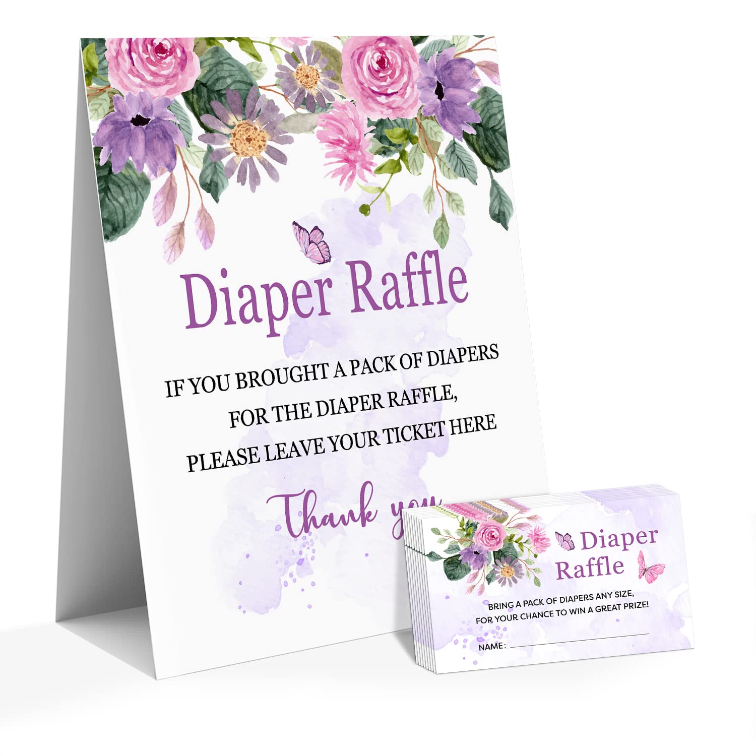 WUINCK Baby Shower Diaper Raffle Game, 1 Sign and 50 Diaper Raffle Tickets, Butterfly Lavender Gender Reveal Party Game Decorations - (LB001)