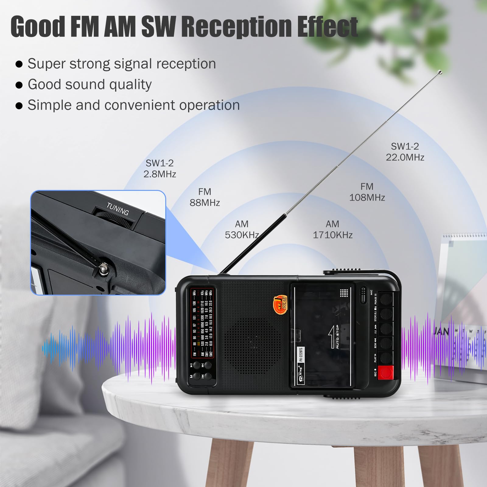 Odtwarzacze kasetowe, przenośny odtwarzacz kasetowy Boombox z nagrywaniem, radio FM/AM/SW1-2, z funkcją panelu słonecznego, wyposażony w gniazdo słuchawkowe i baterię litową, łatwy w użyciu (czarny)