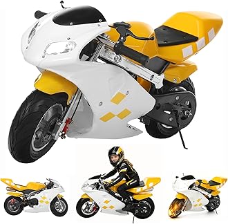 49cc 2 Stroke Pocket Bike Mini Motorcycle for Adults Kids Gas Motorbike With Strong Dual Brake, Racing Max Speed 20Mph, Dual Headlights White & Yellow