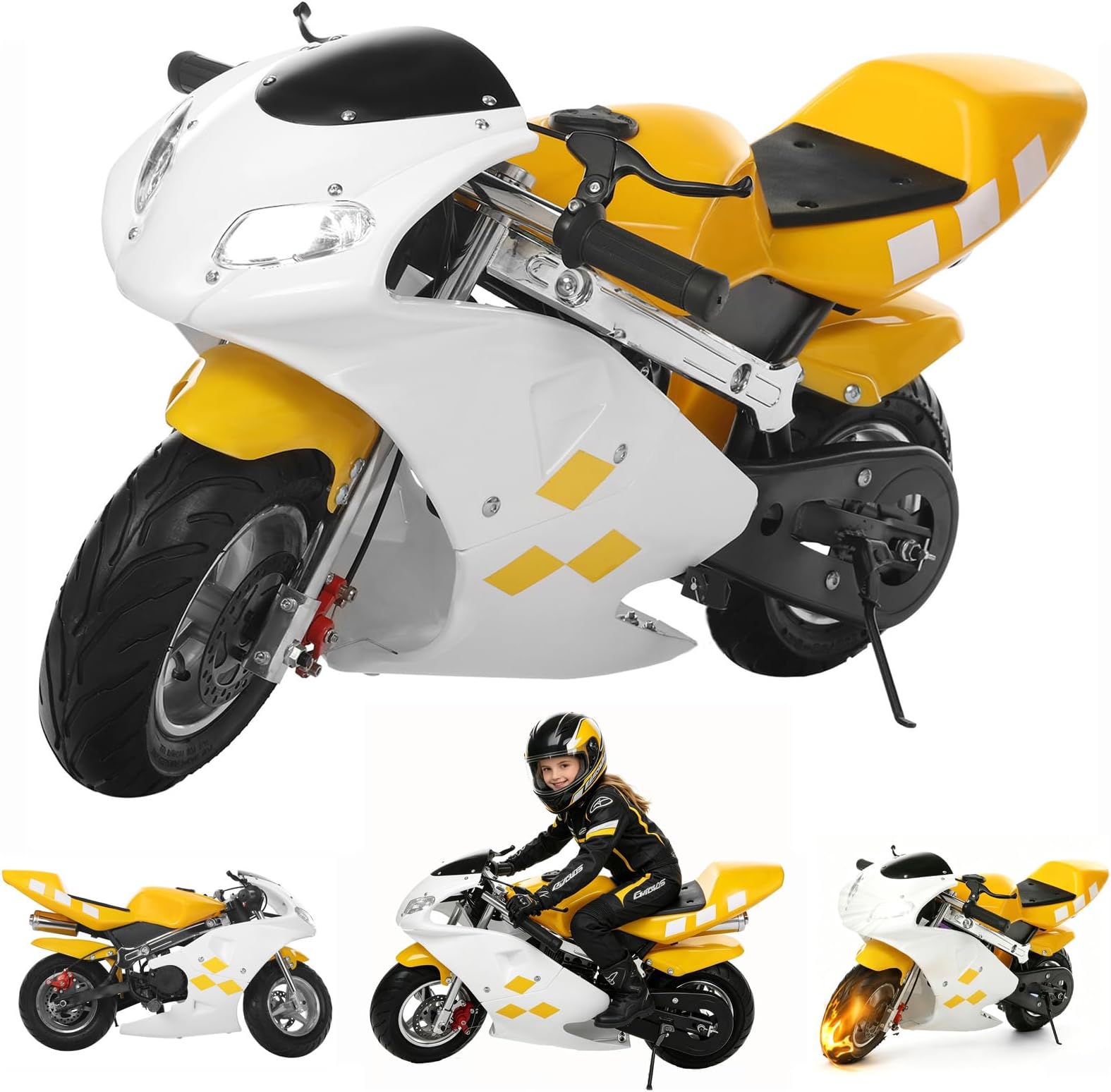 49cc 2 Stroke Pocket Bike Mini Motorcycle for Adults Kids Gas Motorbike With Strong Dual Brake, Racing Max Speed 20Mph, Dual Headlights White & Yellow