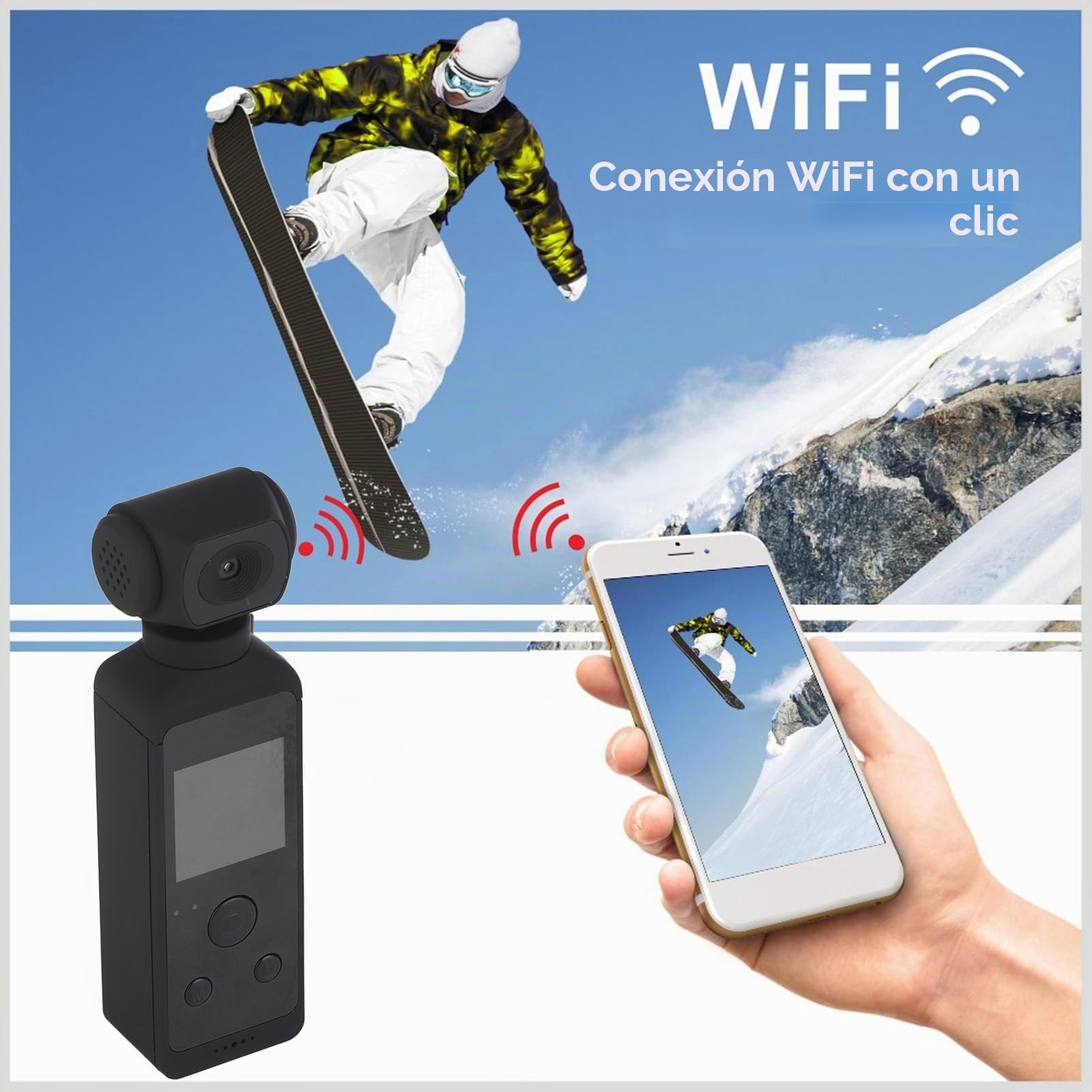 Cámara de Acción de Mano, 4K 270 ° Rotación 30M Cámara de Bolsillo Impermeable WiFi, con Clip de Micrófono, Pantalla de 1.3 Pulgadas, para Filmar Viajes Vlog Video Equitación Buceo
