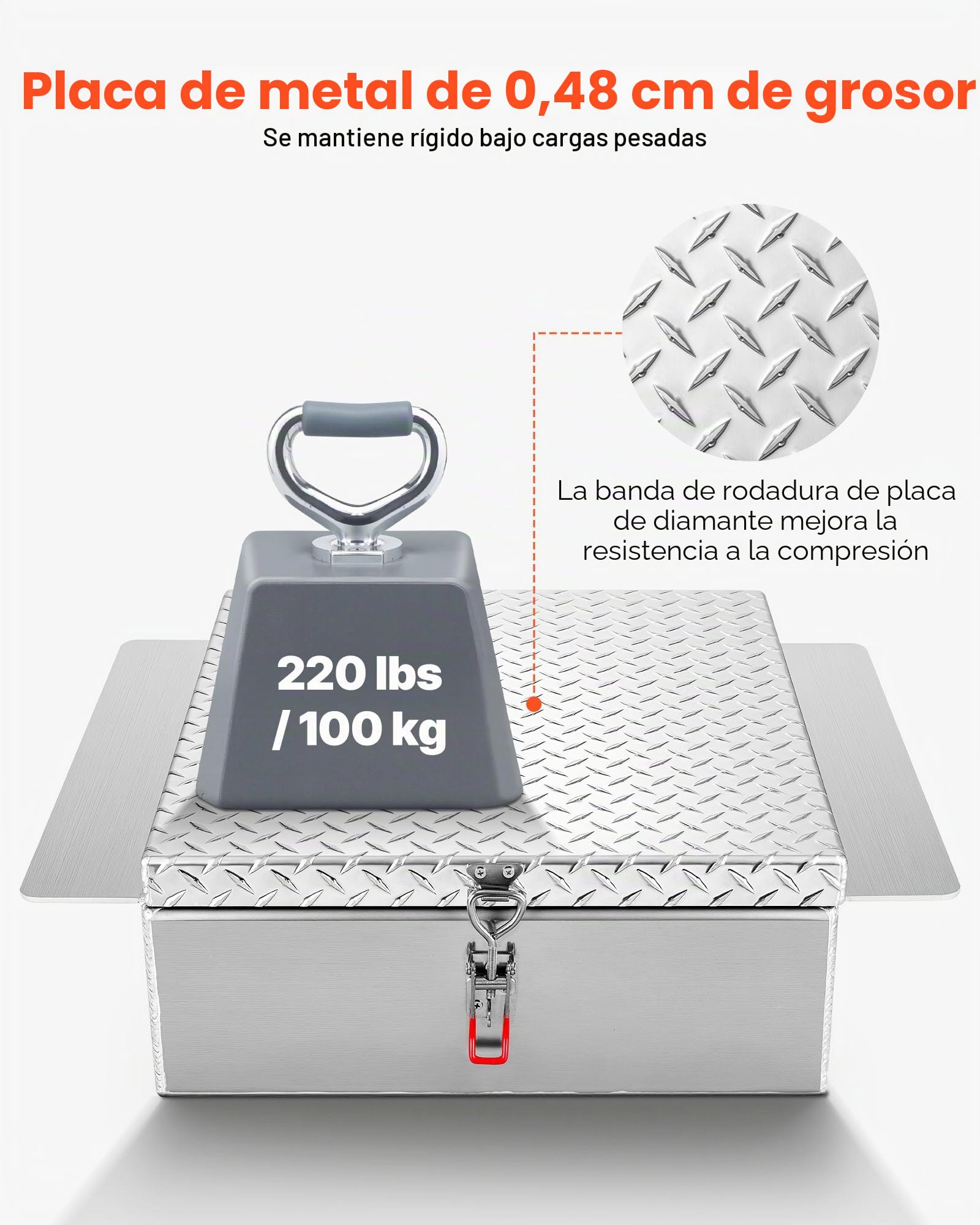 VEVOR Caja de Herramientas para Caja de Camión, Aleación Aluminio, con Placa de Diamante, Soporta hasta 100 kg, Ideal para Camión, Camioneta, Caja, RV, Remolque, 770 x 610 x 230 mm, Color Plata
