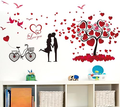 BIBITIME Vinilo decorativo para pared, diseño de flores de durazno, árbol de corazón, día de San Valentín, pareja, calcomanías de pared de cerezo,