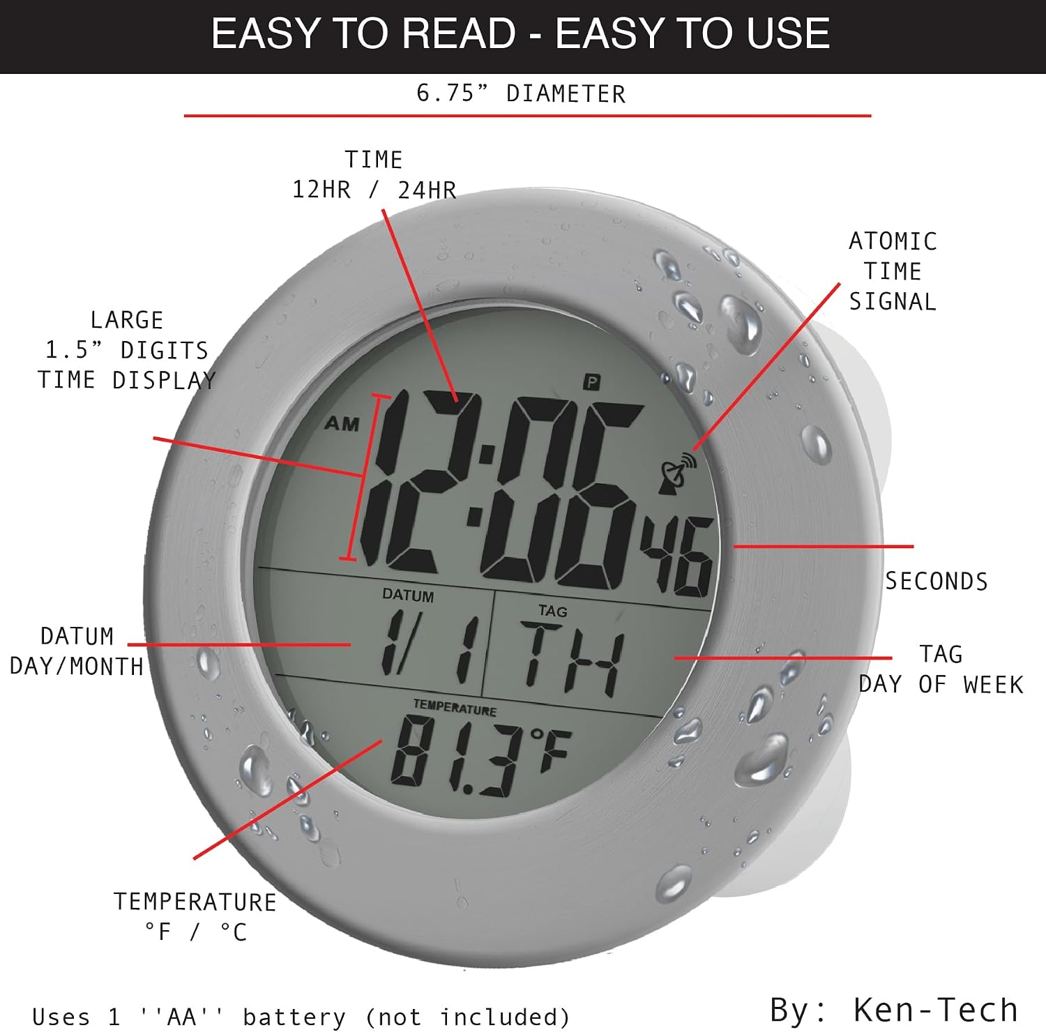 Sonnet Shower Clock for Bathroom and Kitchen - Large Digital Display Shows Time, Date, Day of The Week and Temperature. Large Suction Cups, Hanging Hole, and Kick Stand - Atomic Clock