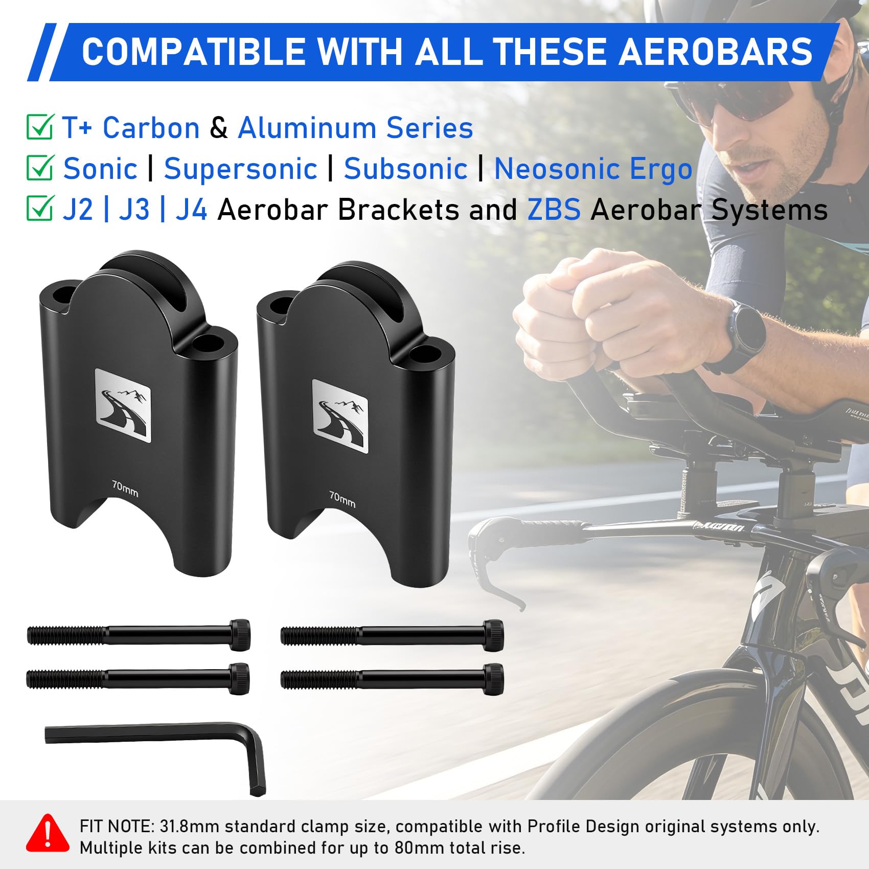 Aerobar Bracket Riser Kit für Profildesign, Höhenverstellung für T+ Carbon, T+ Aluminium, ZBS, Sonic Ergo, Supersonic Ergo, J2/J3/J4 & Subsonic Halterungen, 31,8 mm Klemme, inkl. M5 & M6 Schrauben