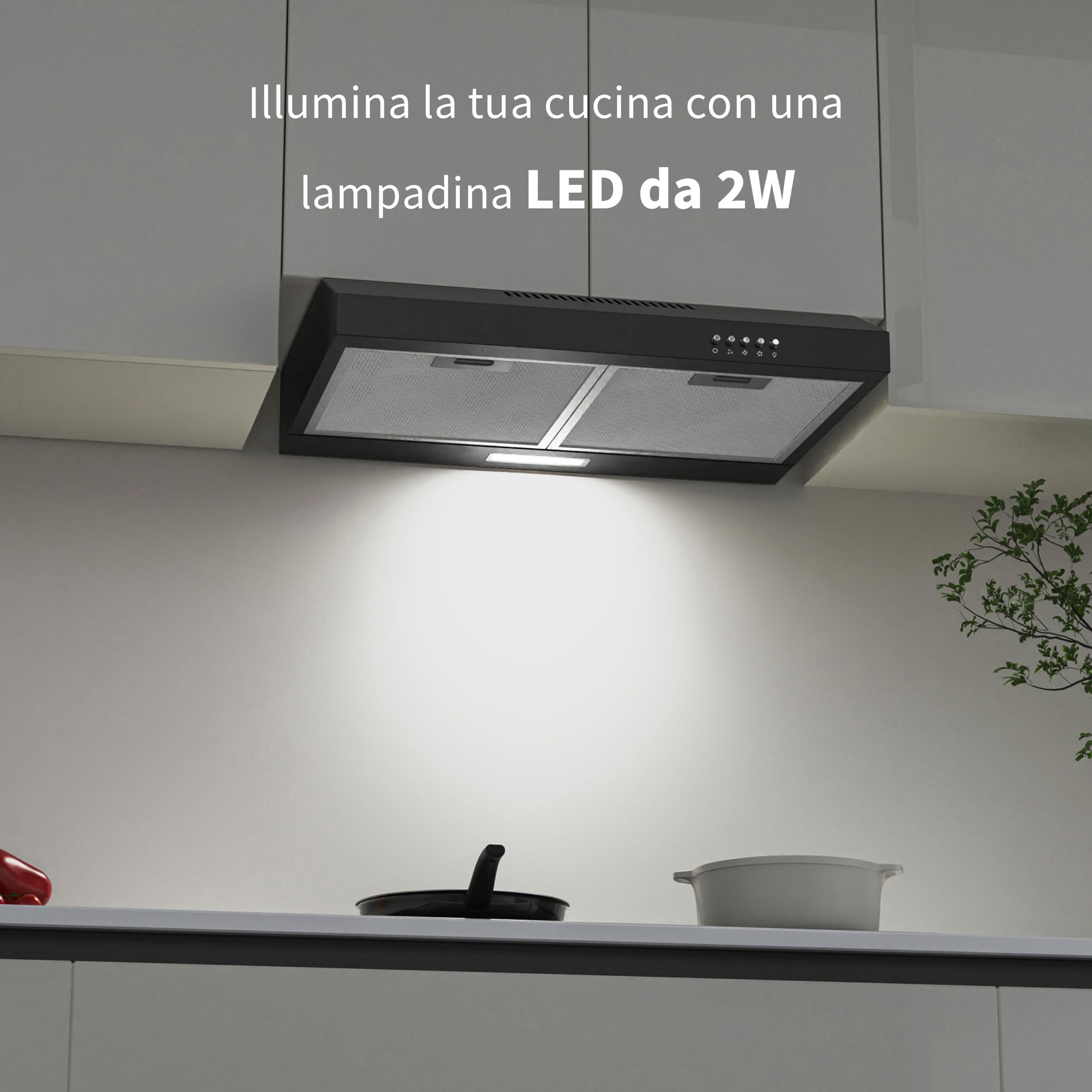 FIREGAS A+, cappa aspirante, 60 cm, scarico e ricircolo, 3 livelli di potenza, filtro al carbone incluso, silenzioso ed efficiente dal punto di vista energetico, illuminazione a LED, colore nero