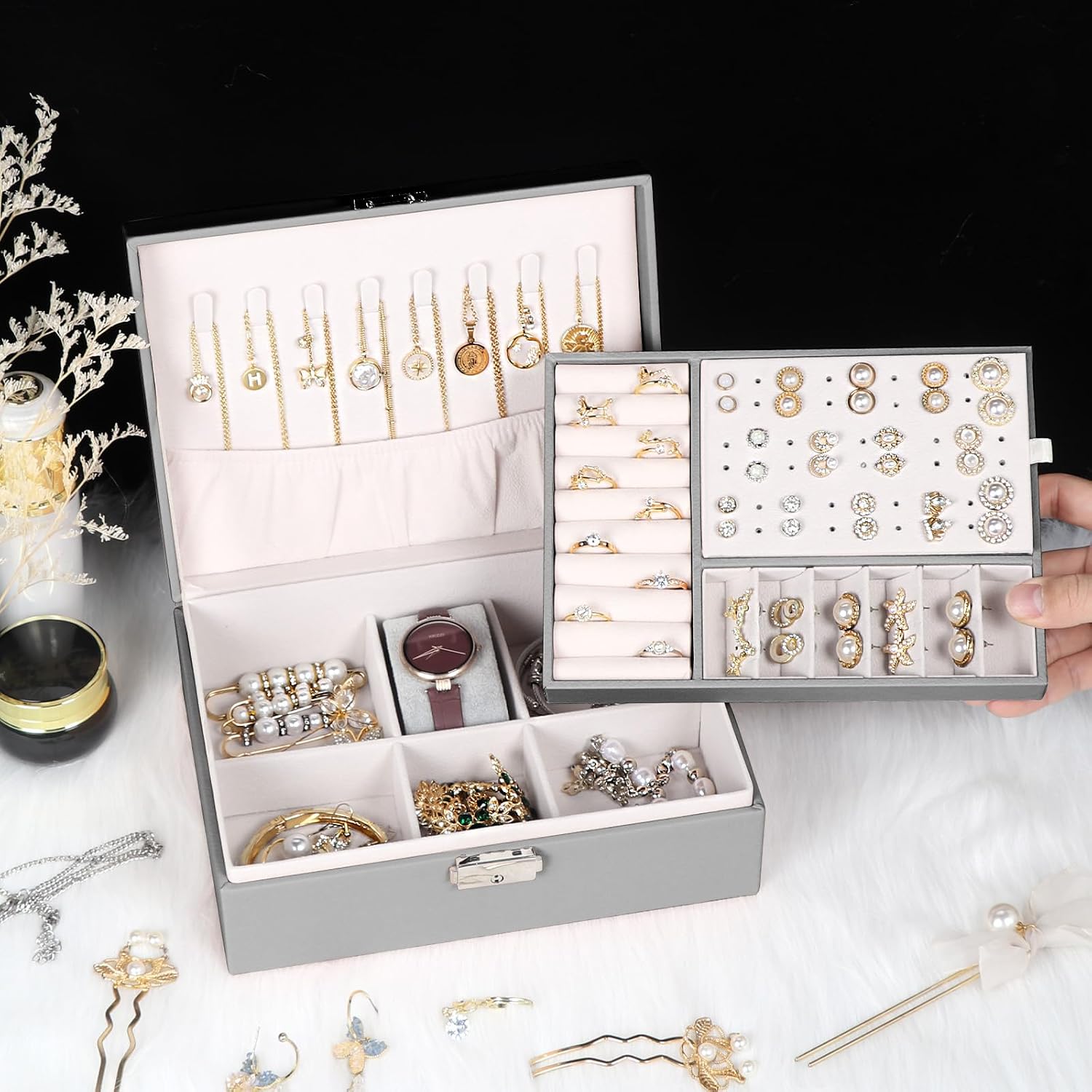 Jewelry Box for Women Girls, 2 Layers Jewelry Organizer Container with Lock, PU Leather Storage Case with Removable Tray, Jewelry Display Box for Necklaces Earrings Bracelets Rings Watches (Grey) image 5