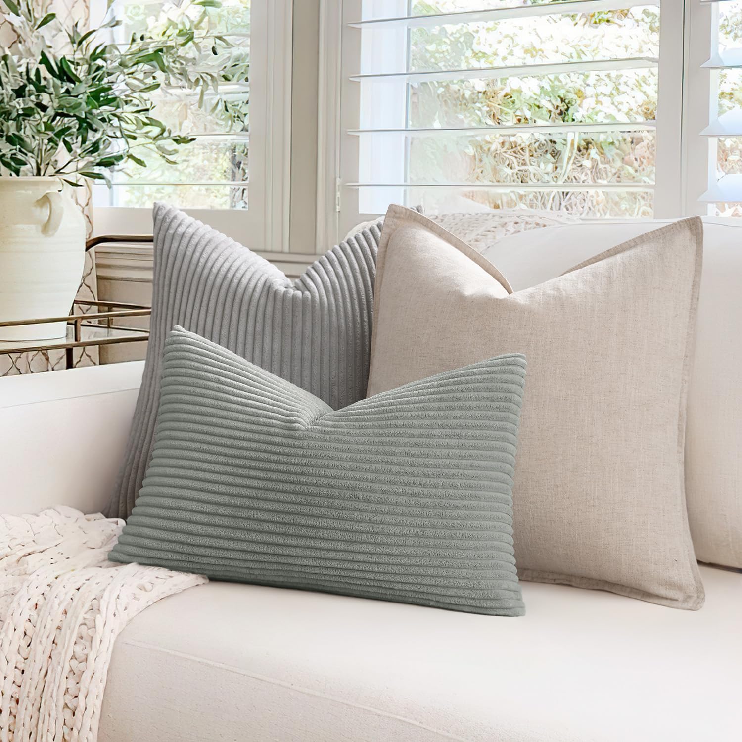 Federe In Velluto A Coste MIULEE - Set Da 2 Federe Decorativo Per Cuscini 30x50 Cm, Bianco Crema - Morbide E Moderne Per Divano, Letto O Camera - Foto 12