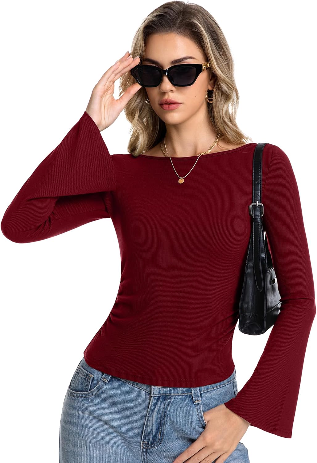 2 Pack Women's Long Sleeve Shirts Casual Boat Neck Bell Sleeve Ribbed Tops Fitted Going Out Tops - Image 5